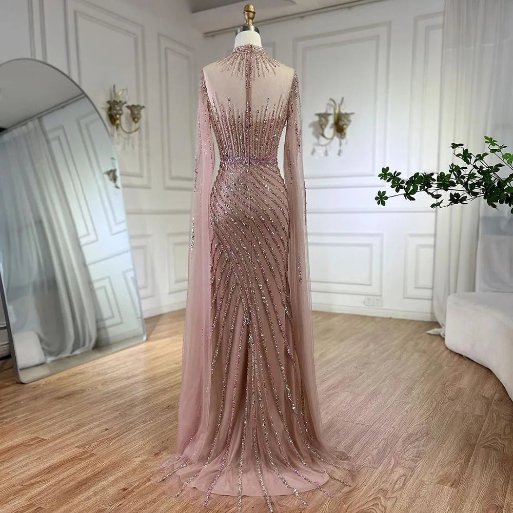 Elegant Pink Cape Sleeves Mermaid Evening Gown with Beaded Details - Luxury Dubai Style Long Dress for Women | Wedding, Party & Special Occasions 2025 LA72449
