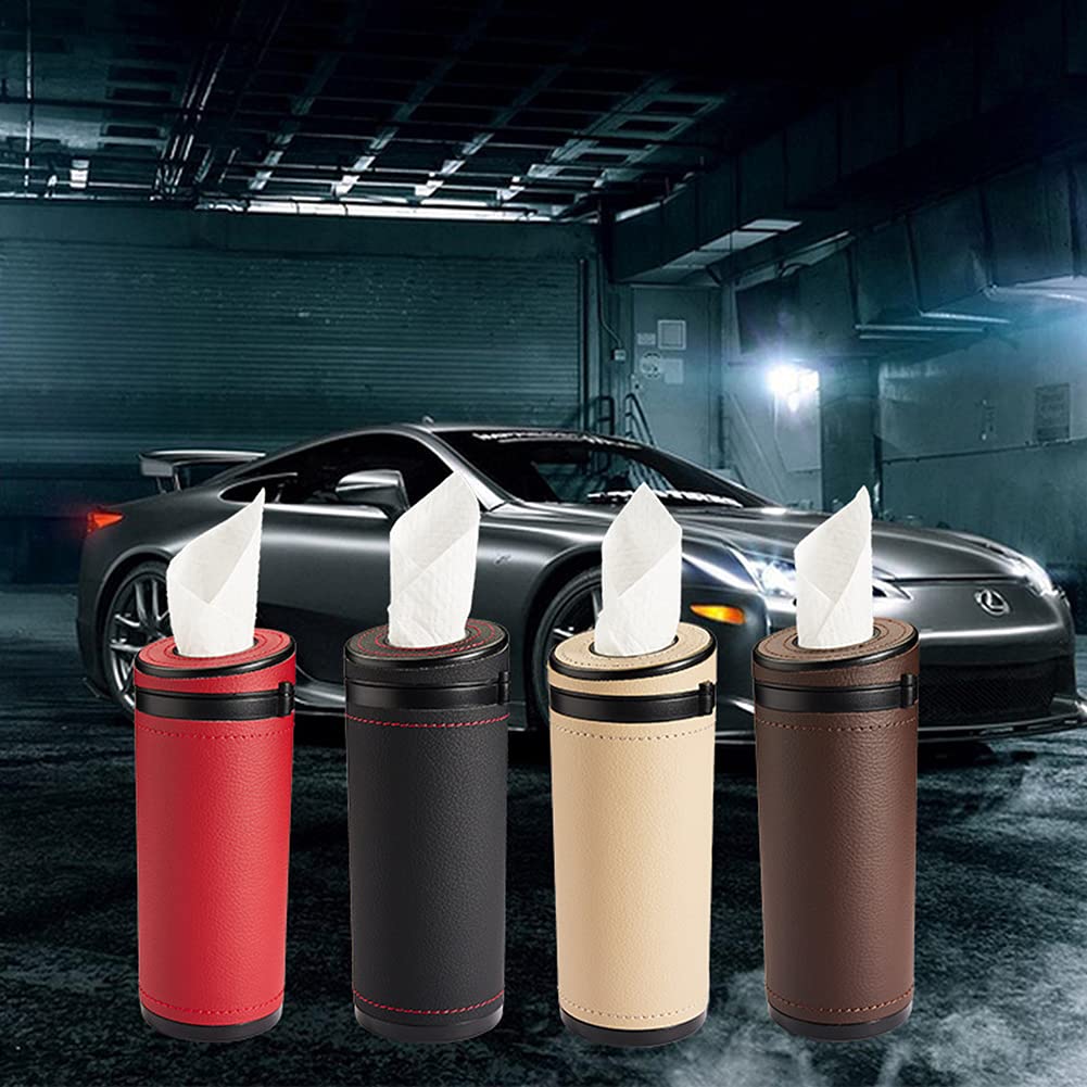PU Leather Cylinder Tissue Box Holder - Portable Napkin Dispenser for Car Cup Holder, Office & Home - Brown Facial Tissue Tube Case | Perfect for Cars, Desks & Travel