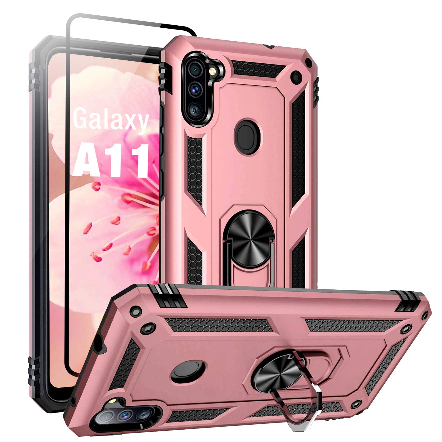 Tranick Samsung Galaxy A11 Case with 9H Tempered Glass Screen Protector - Military Grade Drop Protection (15ft Tested) - Rose Gold Phone Cover for Everyday Use, Work & Outdoor Activities