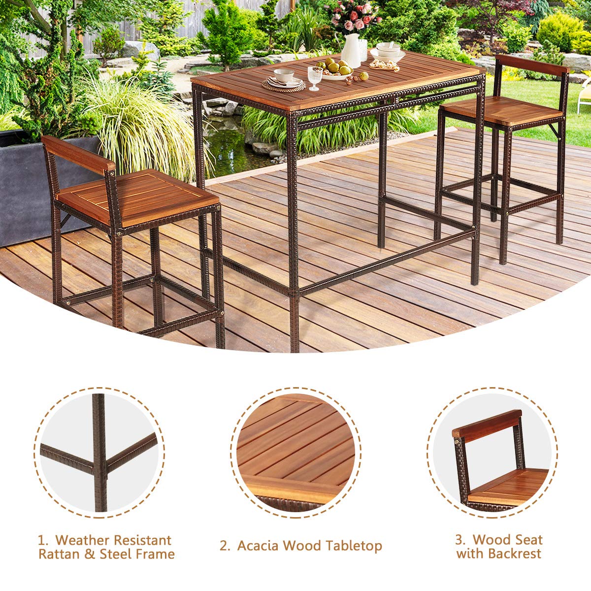 RELAX4LIFE 3-Piece Outdoor Bar Table Set with Acacia Wood Top & 2 Rattan Bar Stools - PE Wicker Patio Dining Set with Backrest & Footrest - Perfect for Backyard, Porch, Poolside & Garden Relaxation