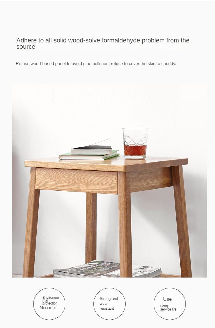 Solid Oak Wood Side Table with Double Layer Shelf - Perfect for Living Room, Bedroom, or Office Decor