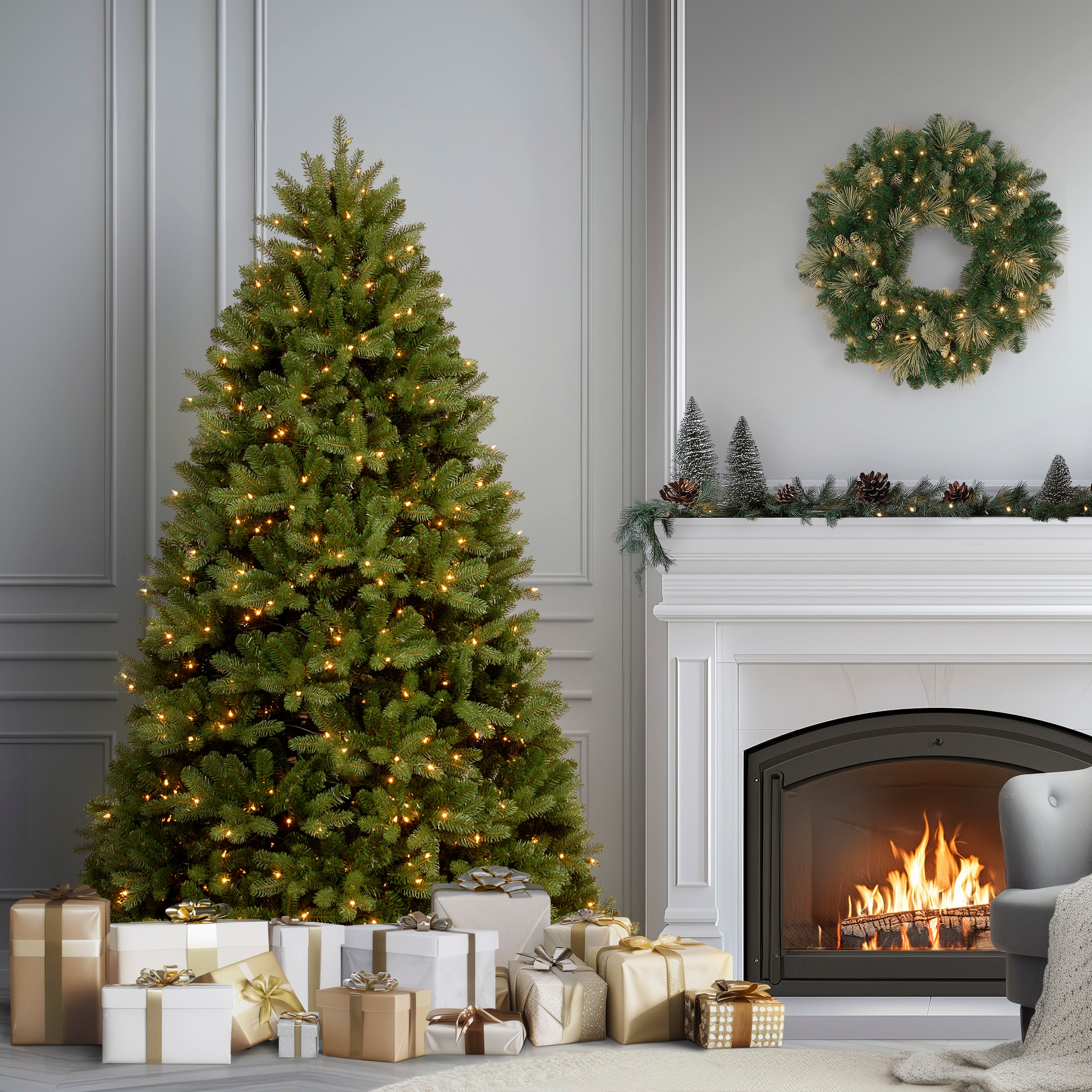 6 ft Pre-Lit Artificial Christmas Tree - Newberry Spruce with 300 Clear LED Lights for Holiday Home Decor | Perfect for Living Room, Office & Party Decoration
