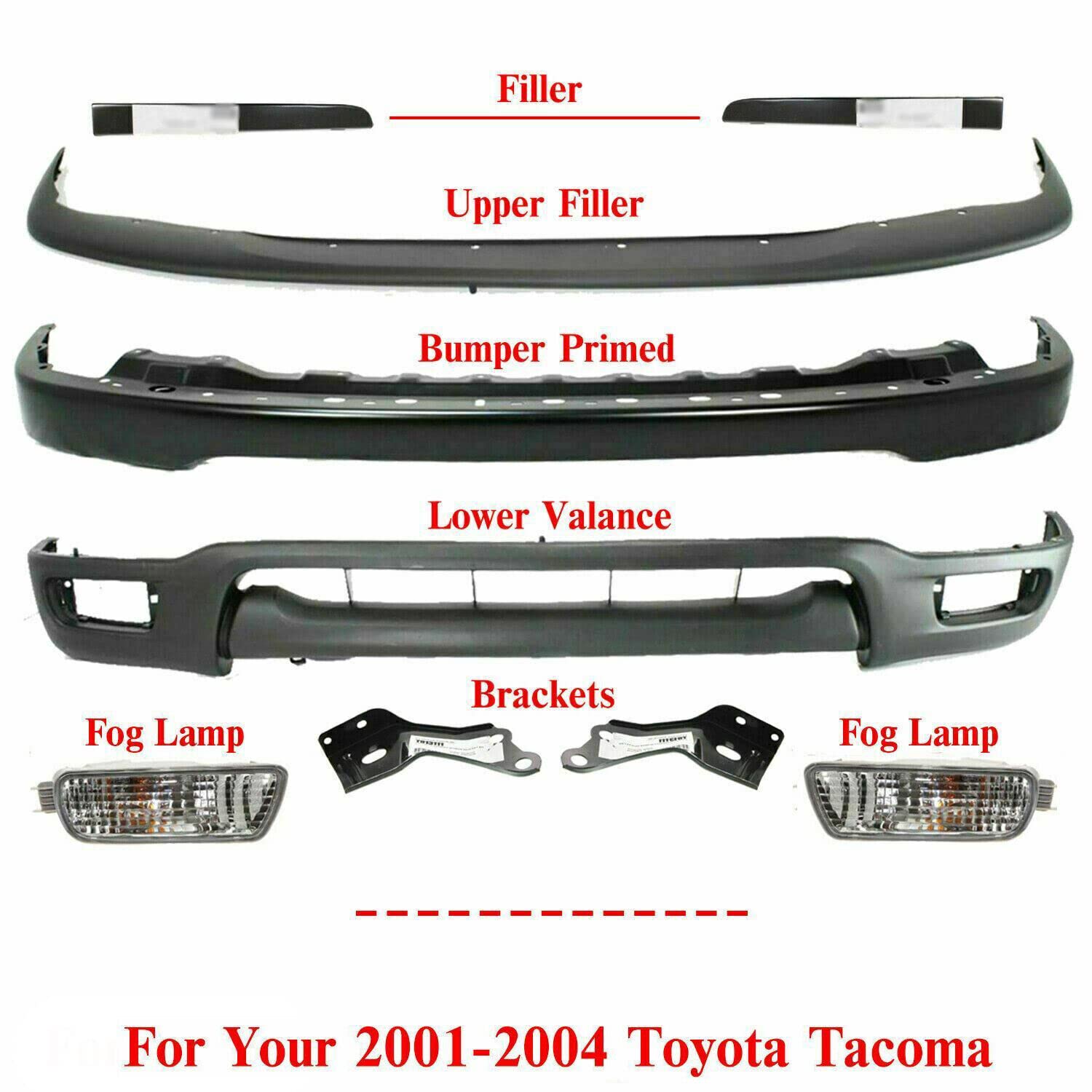 **2001-2004 Toyota Tacoma Front Bumper Replacement Kit – Primed Upper Filler, Lower Valance Panel, Fog Lights & Brackets (Left Driver & Right Passenger Side) – Direct Fit for Off-Road & Daily Driving**