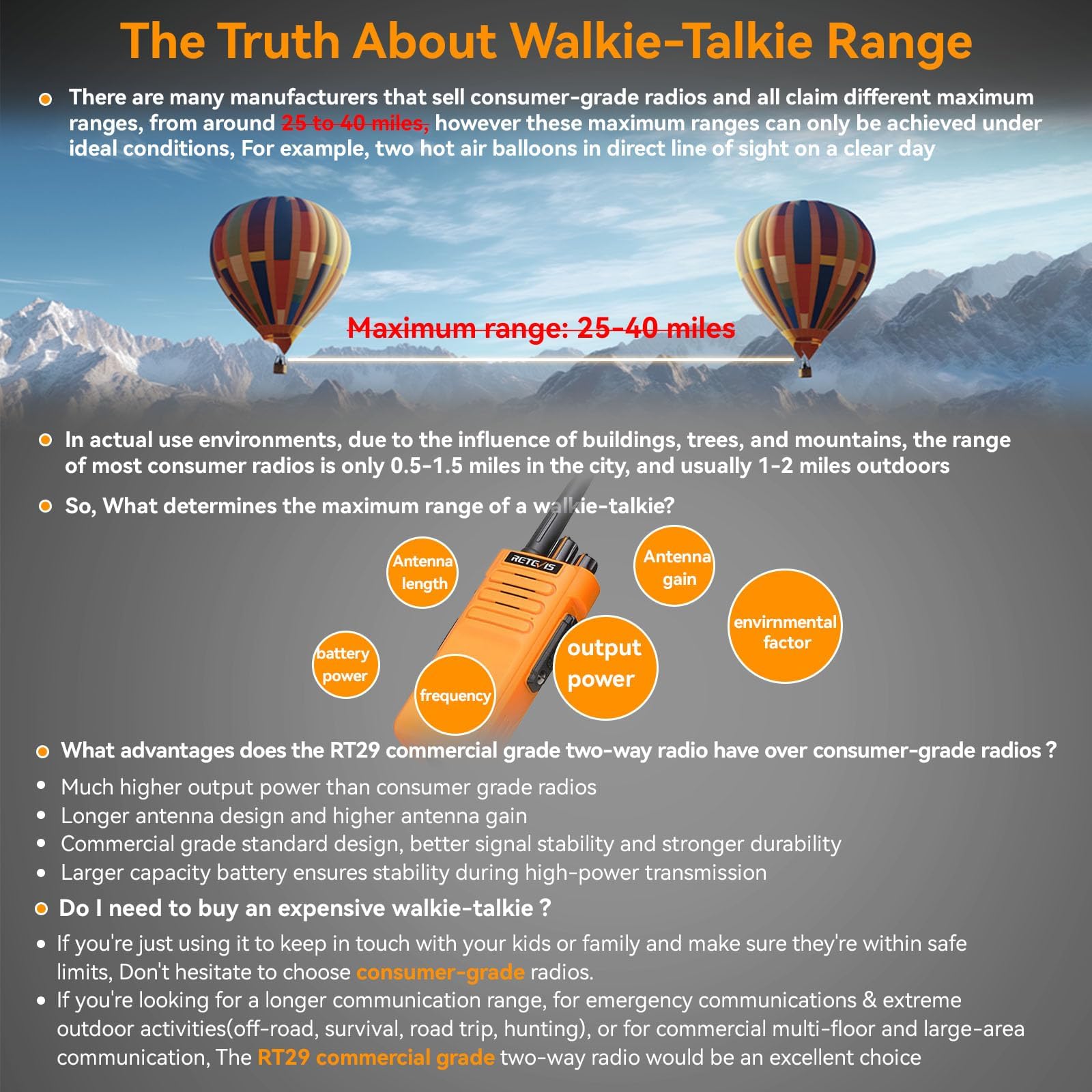 Retevis RT29 Long Range Walkie Talkies for Adults - Rugged 2 Way Radios with IP67 Waterproof Mic, VOX & Emergency Alarm - Ideal for Outdoor Adventures, Hiking, Camping, Hunting & Off-Roading (Orange, 2 Pack)