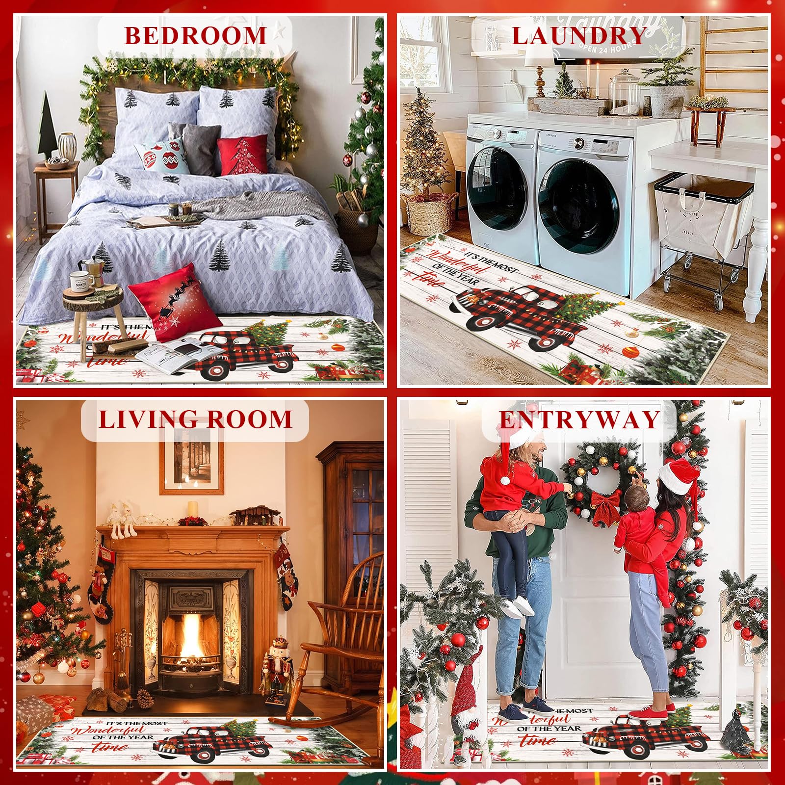 HEBE Christmas Kitchen Rugs Set of 3 - Non-Slip Washable Farmhouse Floor Mats for Winter & Holiday Decor | Perfect for Cozy Kitchen, Dining Area & Christmas Home Decoration