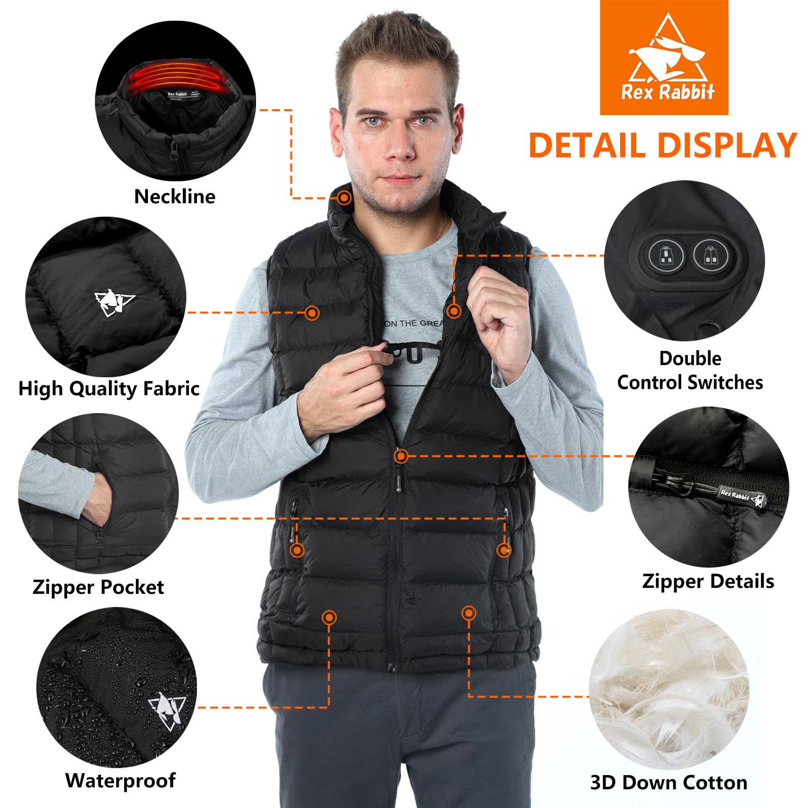 Rex Rabbit Electric Heated Vest for Men with 6 Heating Zones, Battery Pack & Plug Included - Winter Warmth for Outdoor Activities, Hunting, and Camping