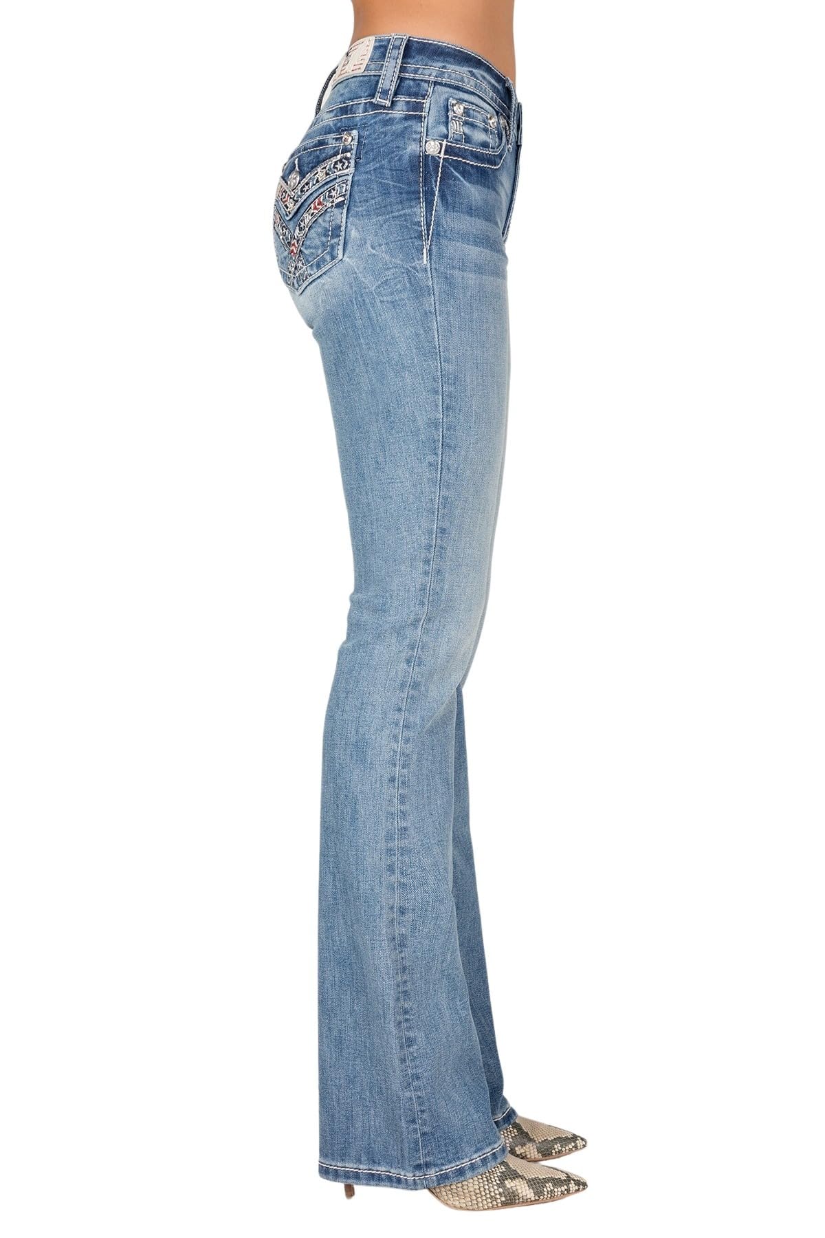 Miss Me Women's Mid-Rise Bootcut Jeans - Americana Zig Zag Design with Faux Flap Pockets, Stretch Denim for Comfort | Perfect for Casual Outfits, Date Nights & Western Style Looks