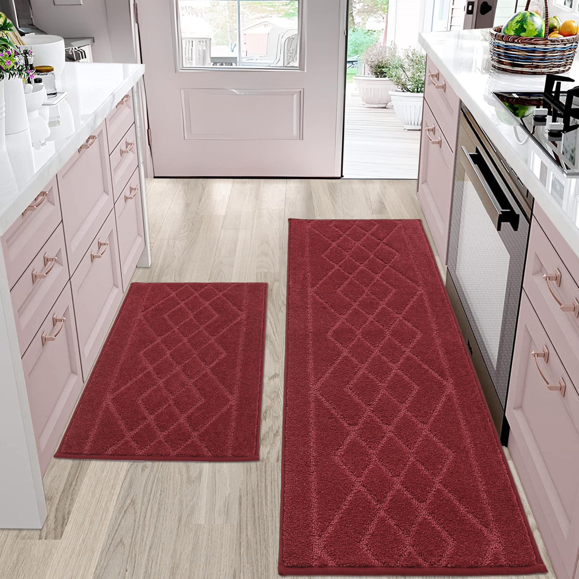 BEQHAUSE Non-Slip Washable Kitchen Rugs Set of 2 - Absorbent Soft Floor Mats for Kitchen, Sink, Hallway & Laundry - 20”x30” + 20”x48” Burgundy Red - Perfect for High Traffic Areas, Spill Protection & Home Decor