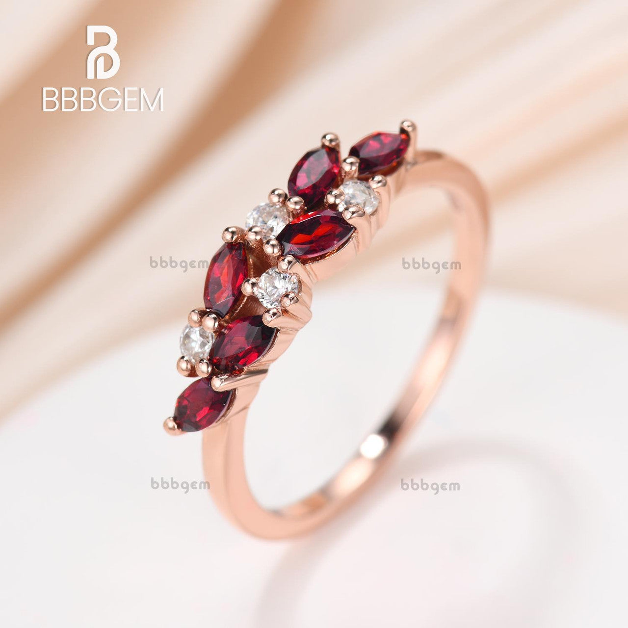 14K Rose Gold Marquise Round Red Garnet Diamond Stacking Promise Ring for Women - Perfect Gift for Her, Anniversary, Engagement, or Special Occasion