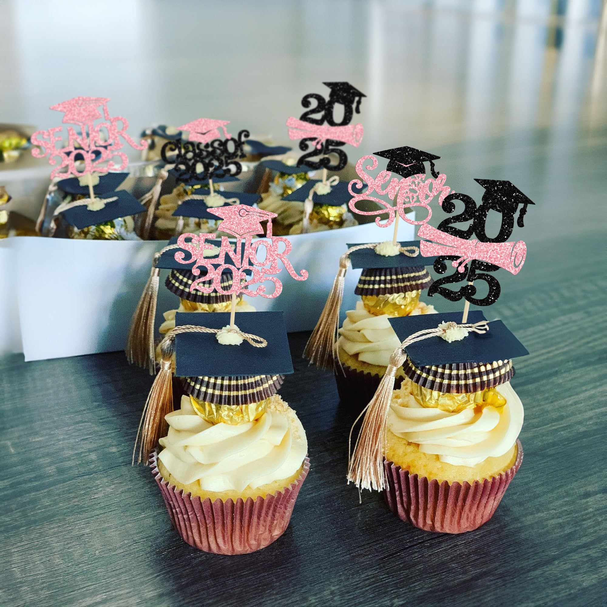 24Pcs 2025 Senior Graduation Cupcake Toppers with Glitter - Class of 2025 Cupcake Picks & Decorations for Graduation Party Supplies (Pink) - Perfect for High School Graduation Cakes, Dessert Tables & Celebration Decor