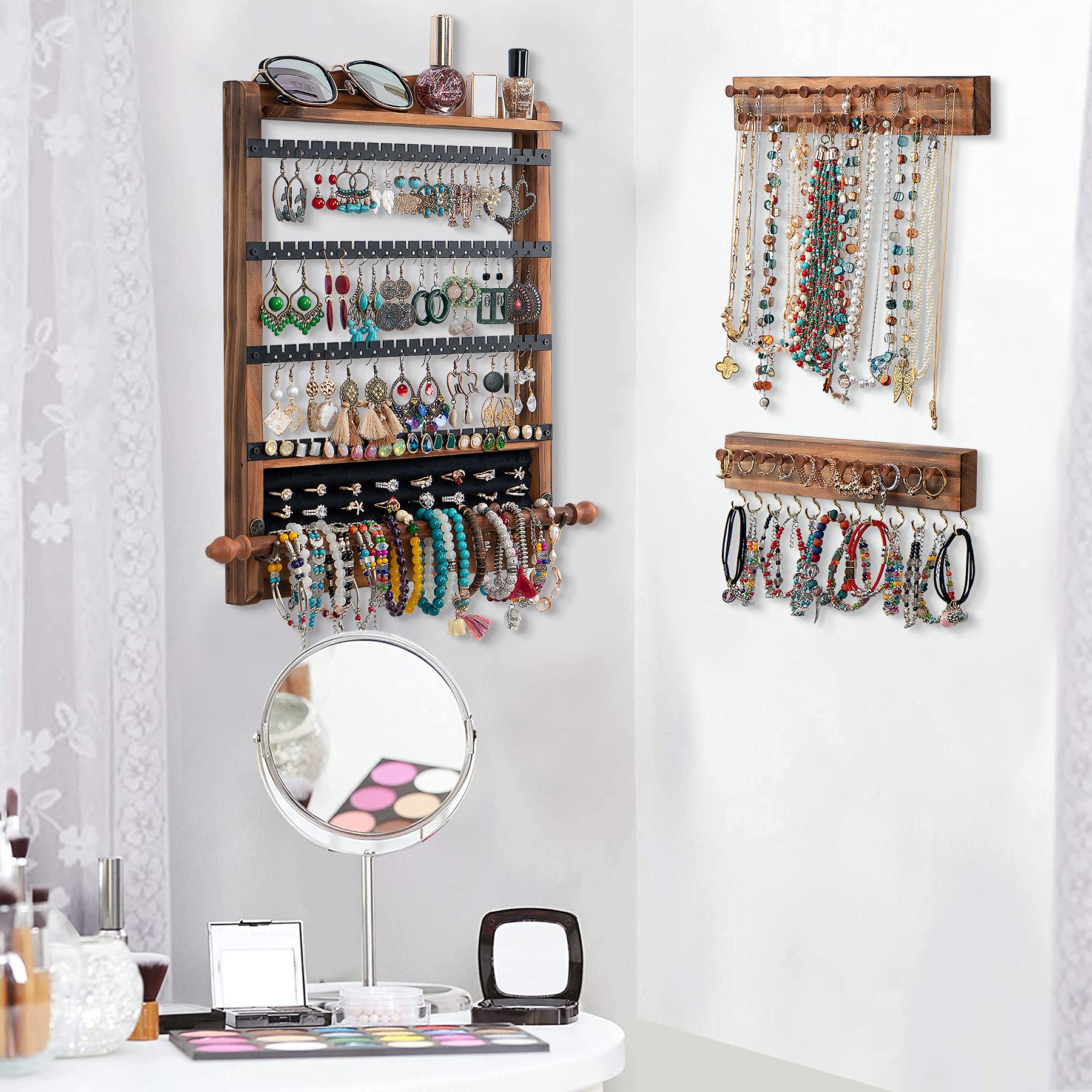 QILICHZ 3-Piece Wooden Wall Mounted Jewelry Organizer Set - Rustic Hanging Earring Holder & Necklace Display for Bedroom, Bathroom, and Closet Storage