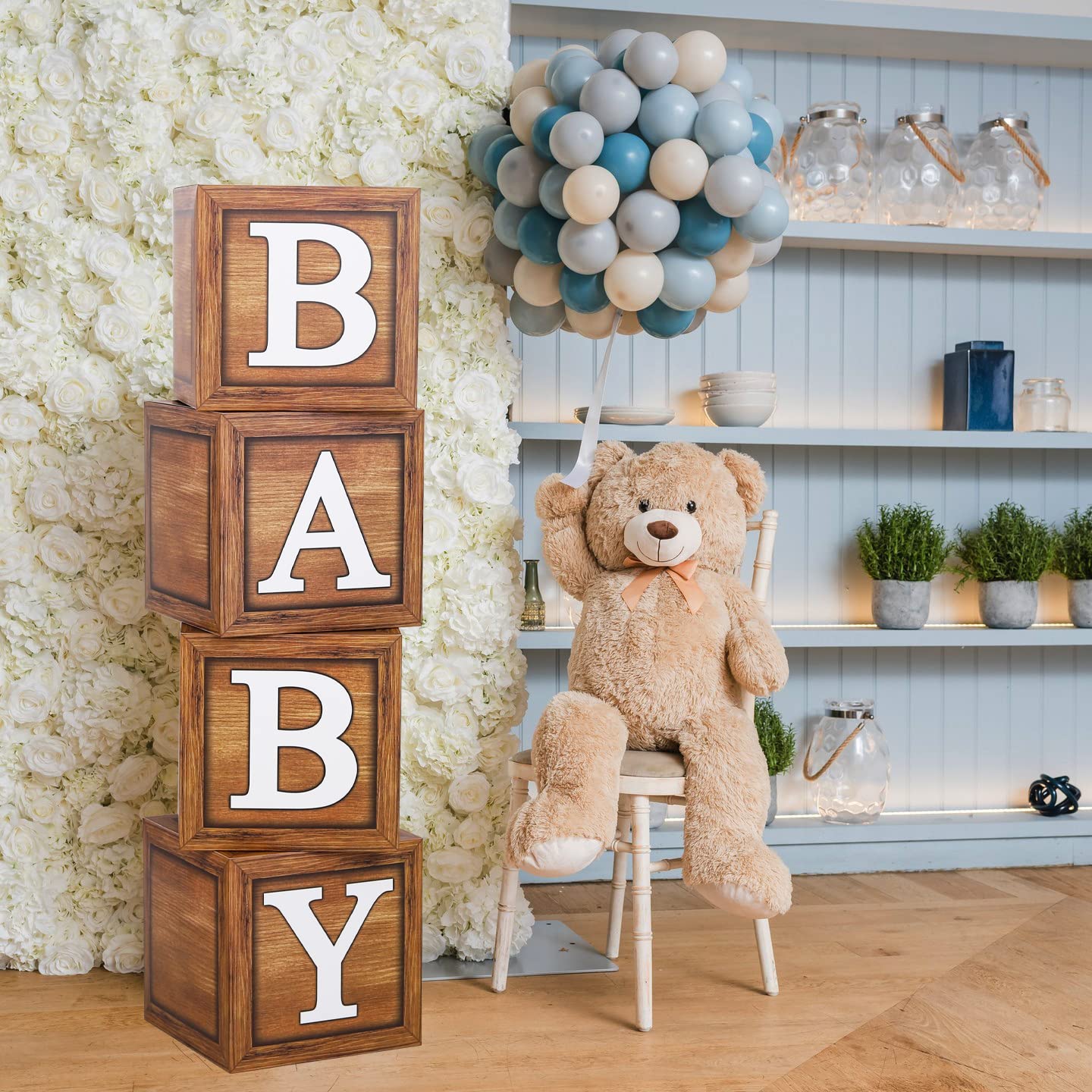 Wood Grain Brown Baby Shower Balloon Boxes (4-Pack) - First Birthday Centerpiece Decorations, Teddy Bear Baby Shower Supplies & Gender Reveal Backdrop - Perfect for Baby Showers, Birthday Parties & Nursery Decor