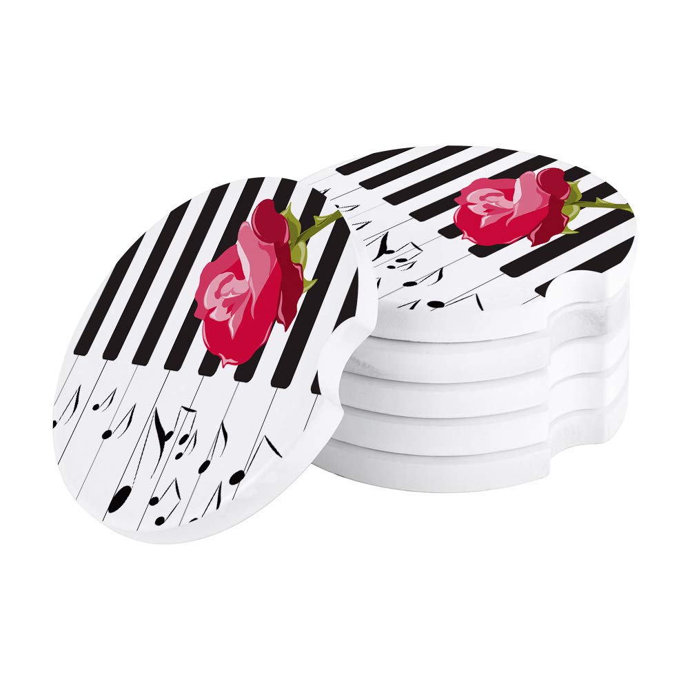 4 Pack Rose Piano Music Note Car Coasters - Elegant Absorbent Ceramic Stone Drink Coasters for Auto Cup Holders | Easy Removal Car Accessories | Perfect for Road Trips, Commuting & Coffee Lovers