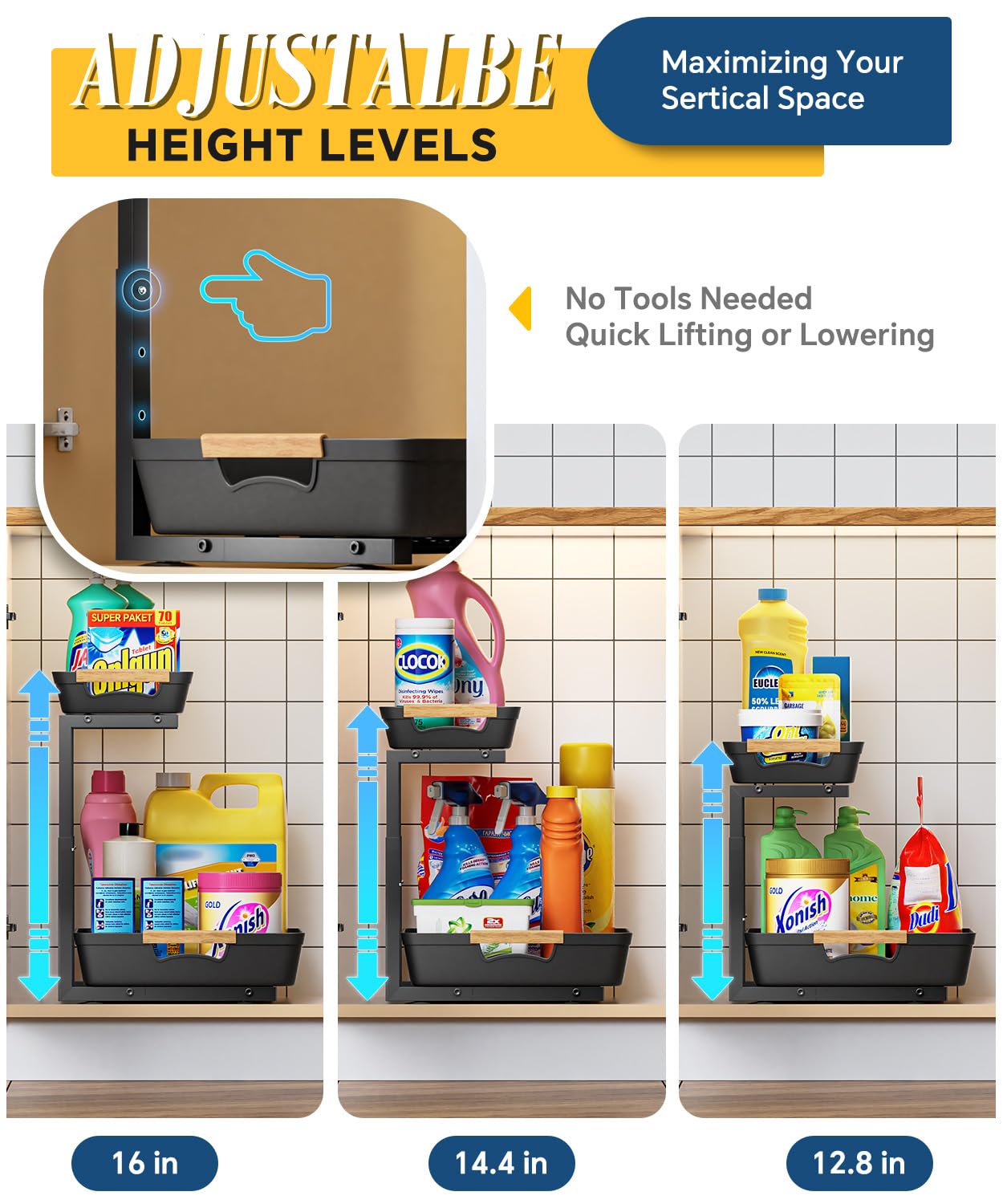 2-Tier Pull-Out Under Sink Organizer with Adjustable Height - Hollow Plastic Drawers for Kitchen & Bathroom Storage - Space Saving L-Shaped Cabinet Organizer (1 Pack, Black) - Perfect for Organizing Cleaning Supplies, Sponges & Toiletries Under Your Sink
