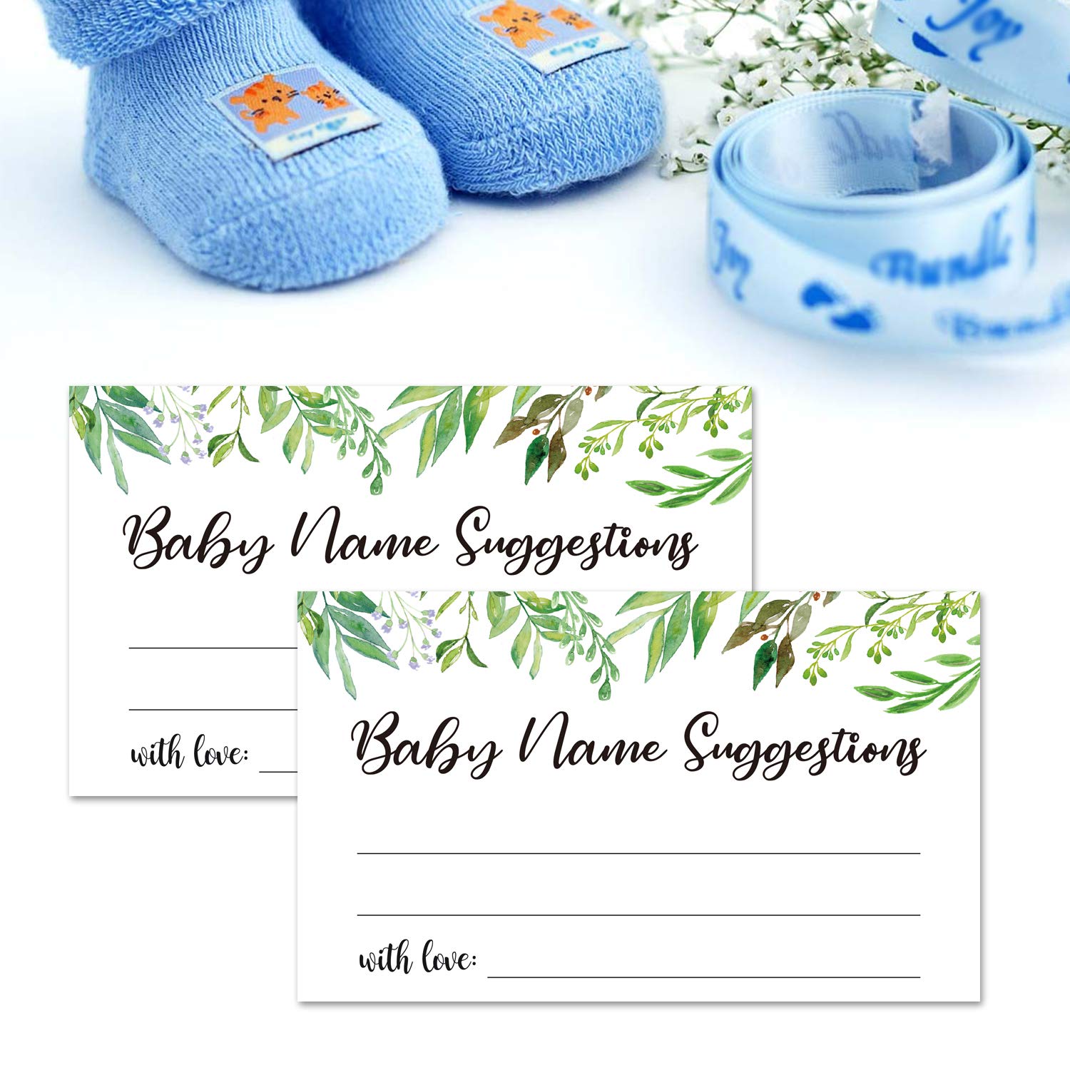 50 Baby Shower Name Suggestion Cards - Greenery-Themed Baby Name Game Cards for Gender Reveal & Baby Shower Parties - 3.5