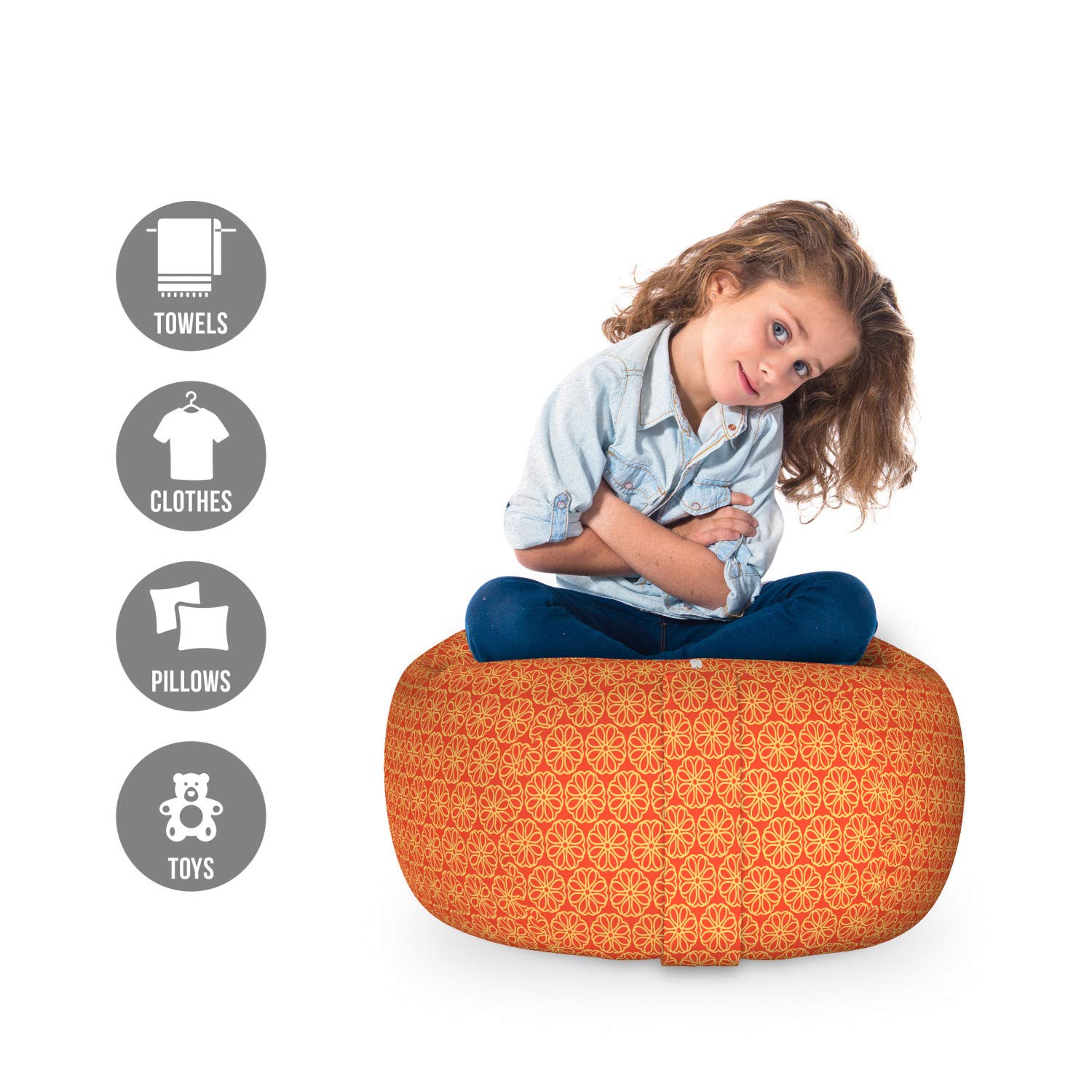 Ambesonne Abstract Storage Toy Bag Chair - Japanese Inspired Sakura Blossom Print, Washable Stuffed Animal Organizer, Small Size in Vermilion & Mustard | Kids Room Decor, Playroom Storage, Nursery Organization