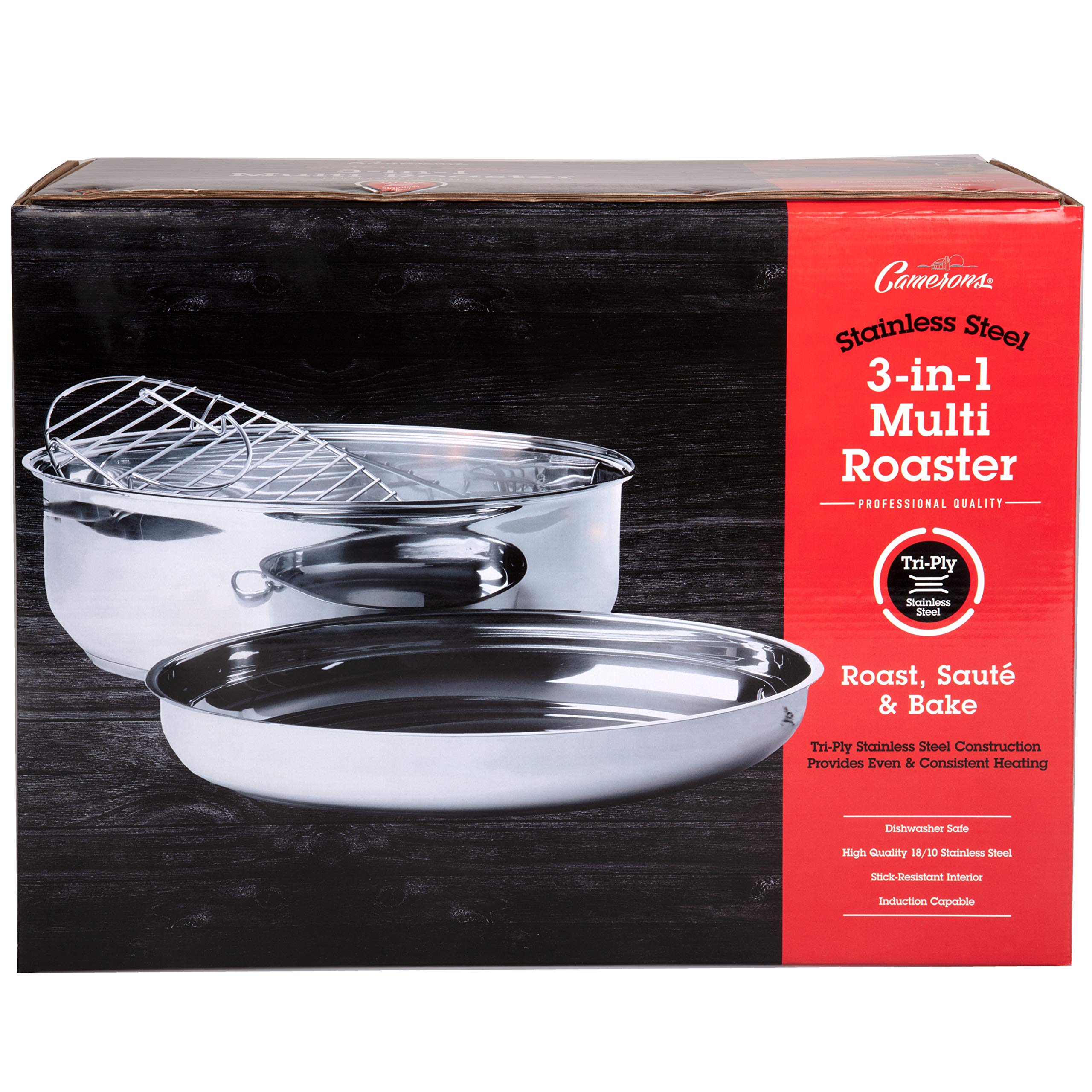 Camerons 3-in-1 Multi Roaster - 11qt Tri-Ply 18/10 Stainless Steel Poultry Roasting Pan, Stock Pot & Saute Pan with Lid - Induction Compatible & Non-Stick - Perfect for Easter Dinner, Thanksgiving, Holiday Cooking & Family Gatherings