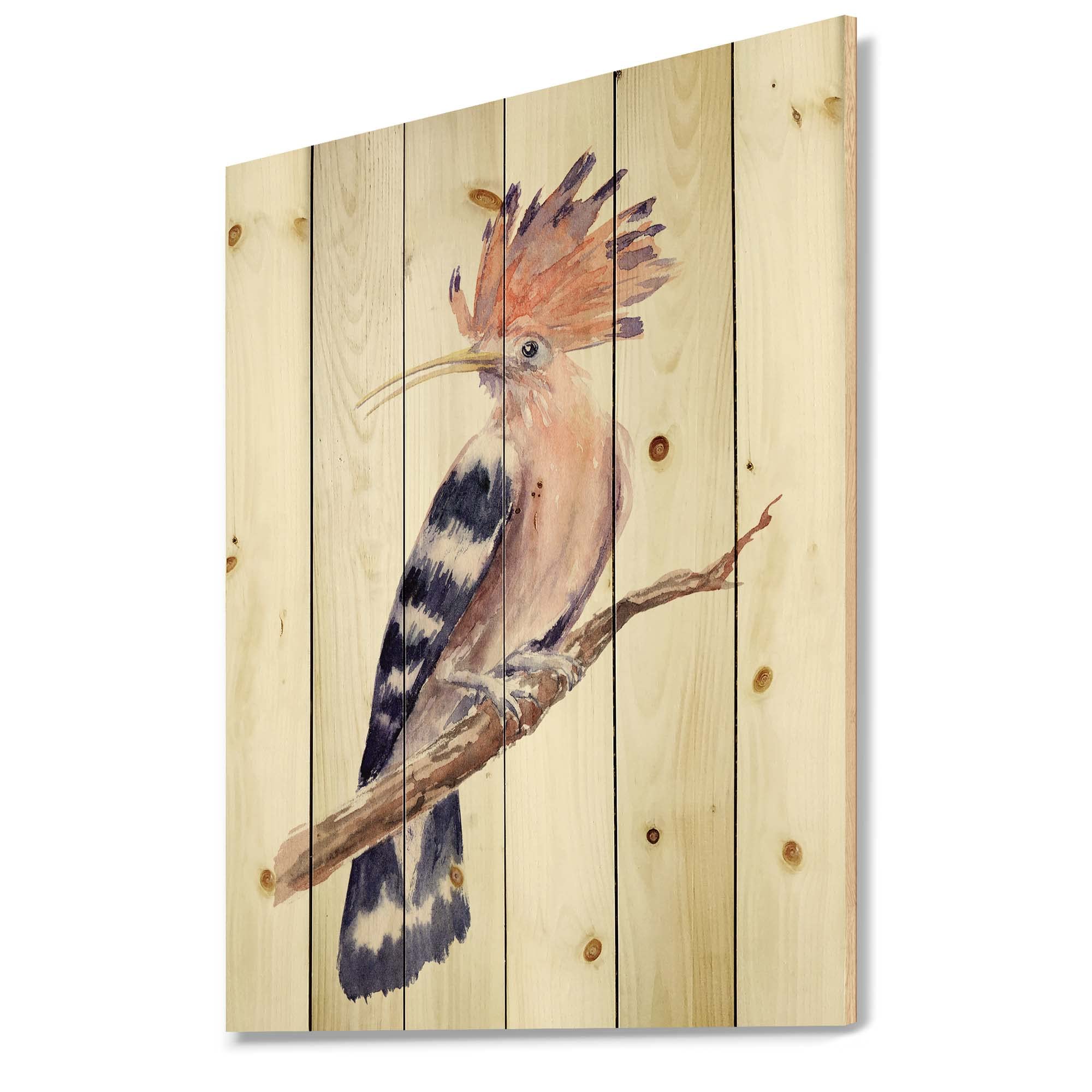 Vintage Hoopoe Bird on Branch Wood Wall Art - Traditional Pink Wooden Wall Decor, Large Animal Wall Panel Printed on Natural Pine Wood - Perfect for Living Room, Bedroom & Home Office Decoration