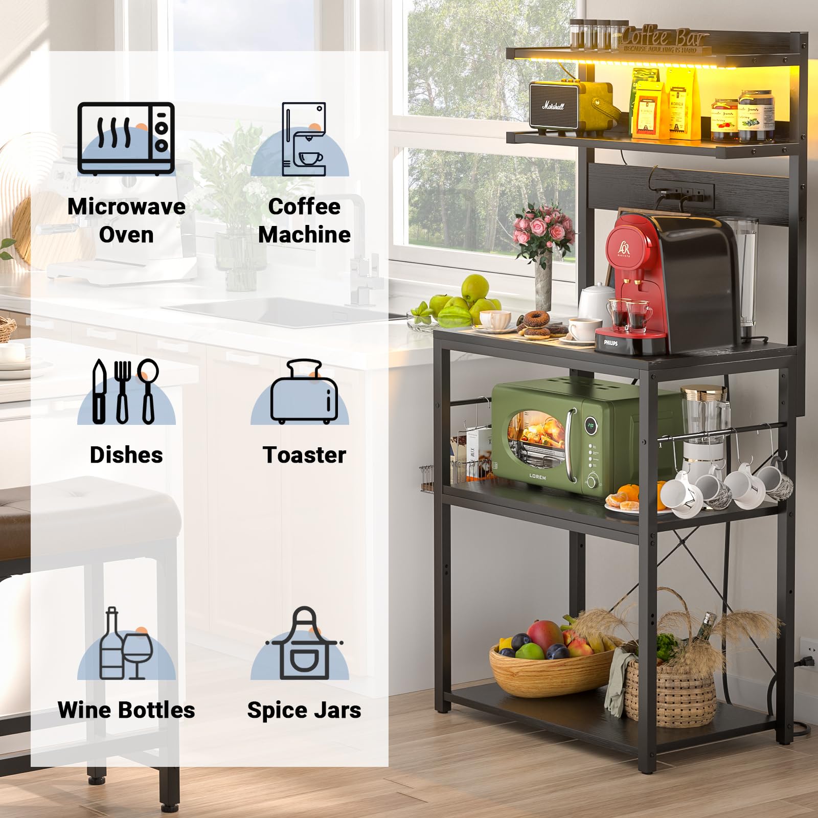 Aheaplus 5-Tier Bakers Rack with Power Outlet & LED Lights - Microwave Stand, Coffee Bar Station, Kitchen Storage Shelf with 6 S-Hooks - Organize Spices, Pots & Pans - Perfect for Small Kitchens, Dining Rooms & Coffee Bars (Black)