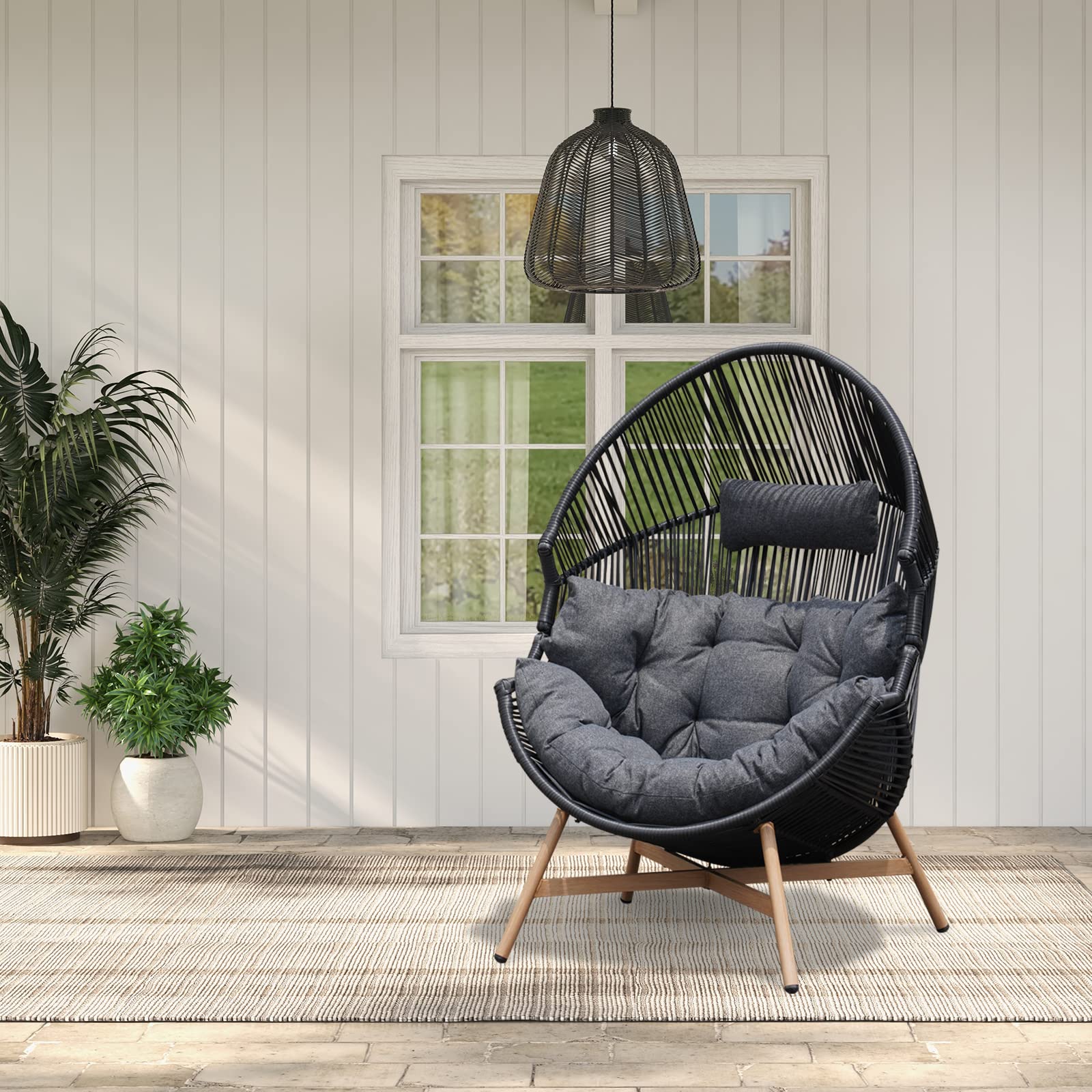 Premium Outdoor Wicker Egg Chair with Thick Olefin Cushion - Patio Hanging Cocoon Chair for Garden, Balcony, Poolside & Indoor Living Room - Perfect for Relaxing, Reading & Sunbathing