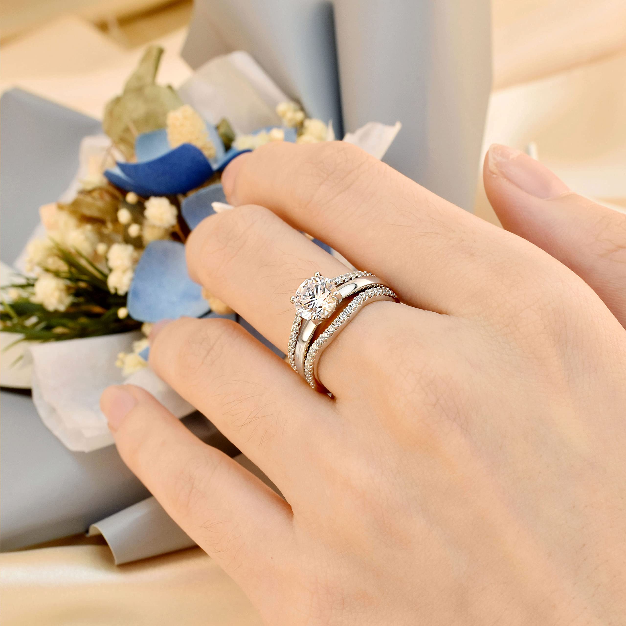 SHELOVES Solitaire Princess CZ Engagement Ring Set with Wedding Band & Ring Enhancer - Sterling Silver Size 5-12 - Perfect for Proposals, Anniversaries & Bridal Jewelry