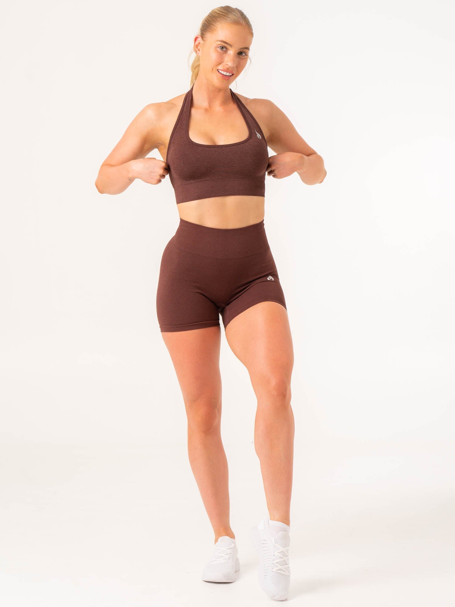 Contour Halter Bra - Supportive & Comfortable Wireless Bralette in Chocolate Marl - Perfect for Yoga, Workouts & Everyday Wear