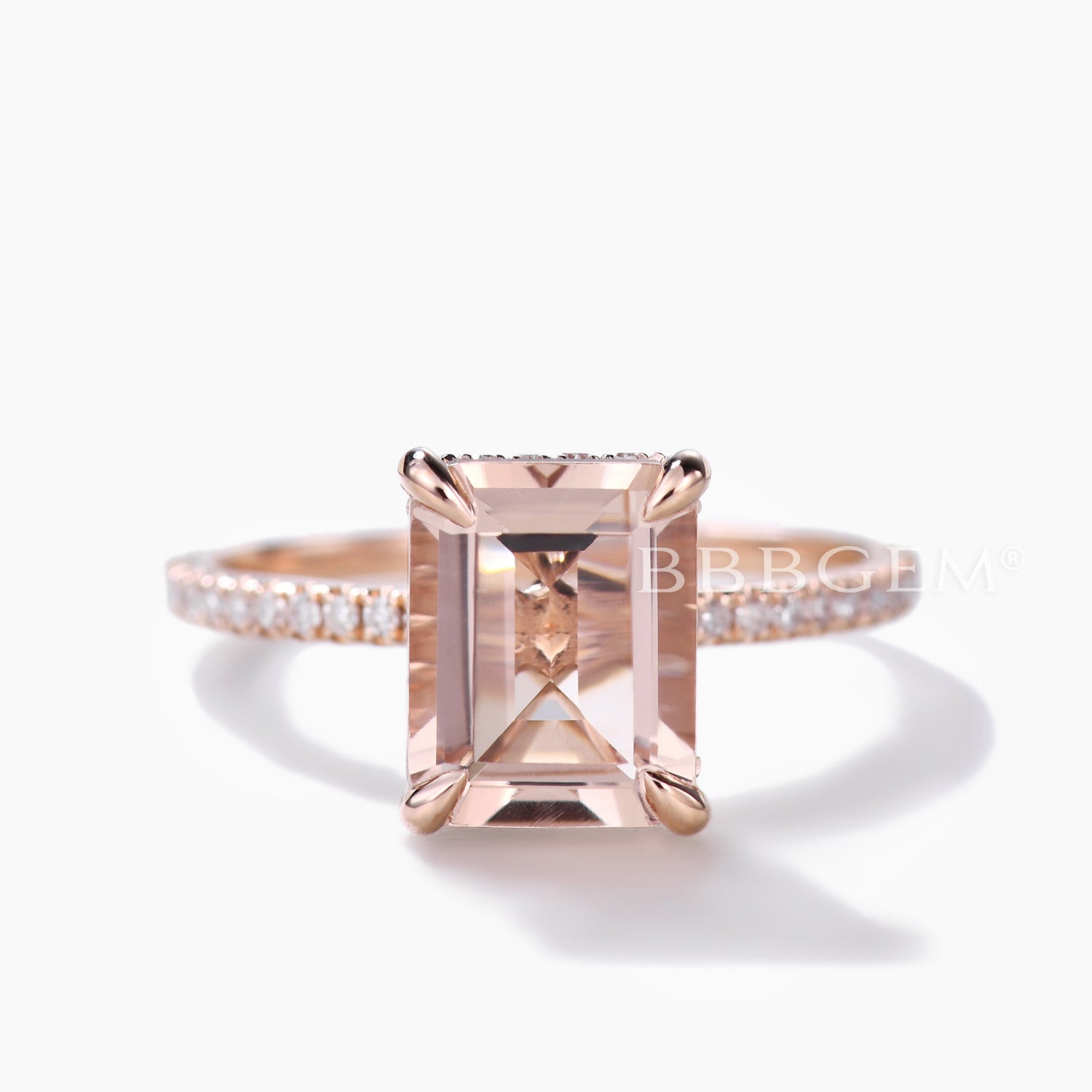 6x8mm Emerald Cut Morganite Engagement Ring with Hidden Halo & Diamond Accents in Rose Gold - Perfect for Proposals, Anniversaries & Romantic Occasions