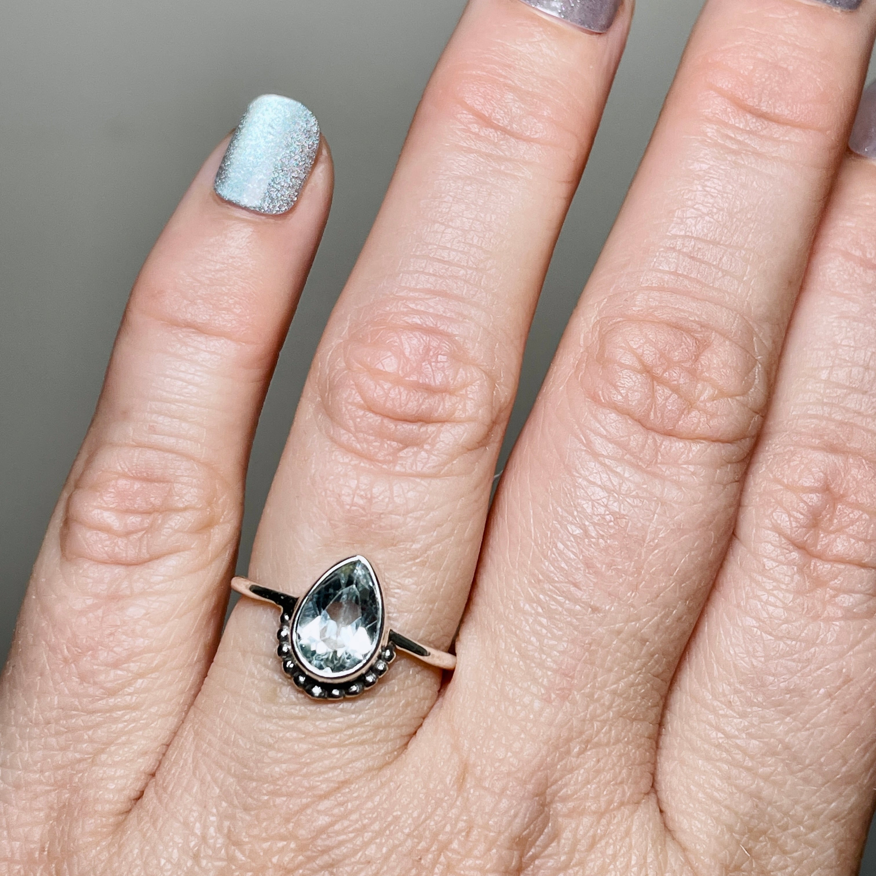 Blue Topaz Teardrop Faceted Fine Band Ring - Sterling Silver 925, Size 7, Elegant Dainty Jewelry for Women - Perfect for Weddings, Anniversaries & Special Occasions