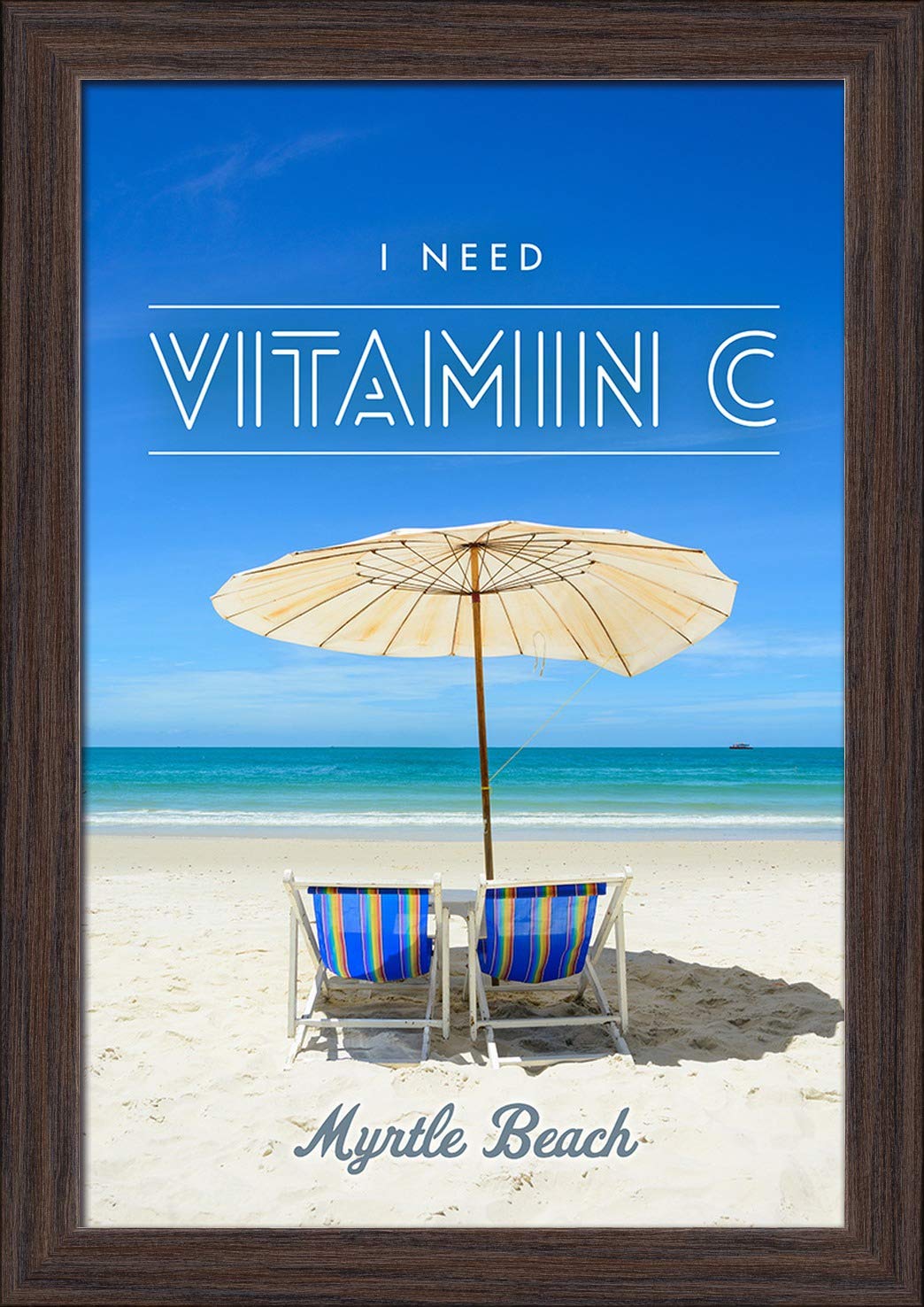 Myrtle Beach South Carolina Vitamin C Beach Chairs Umbrella Art Print - 12x18 Giclee Fine Art with Recycled Wood Frame in Espresso Brown - Perfect for Coastal Home Decor & Beach House Wall Art