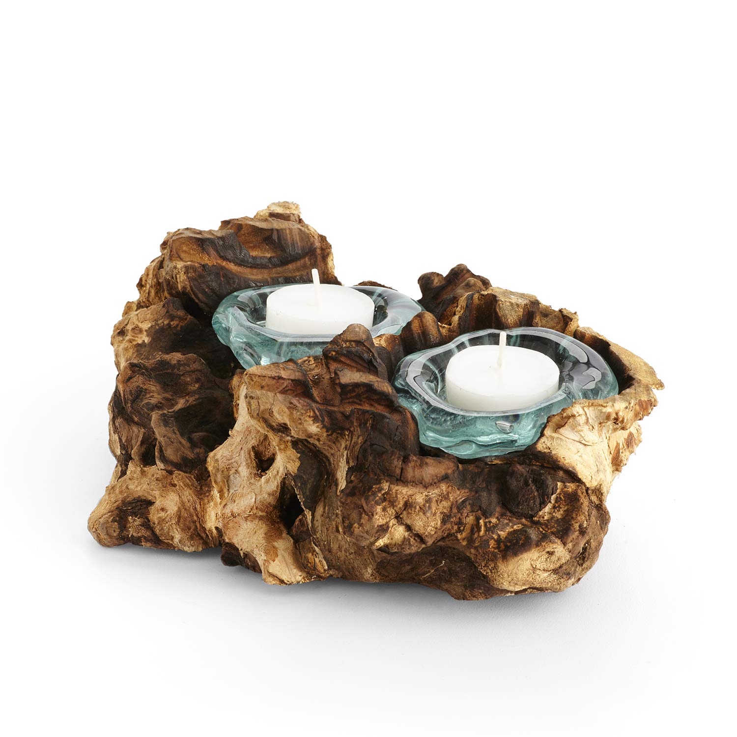 Cohasset Double Molten Candle Holder - Natural Wood & Recycled Glass Candle Stand for Home Decor, Wedding Centerpiece, Romantic Dinner, or Spa Ambiance