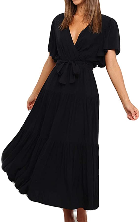 DUCTIAIARY Women's High Waisted Ruffle A-Line Swing Dress - Flowy Tie Waist Midi Dress with Plunge Neckline - Casual Summer Dress for Beach, Party & Date Night