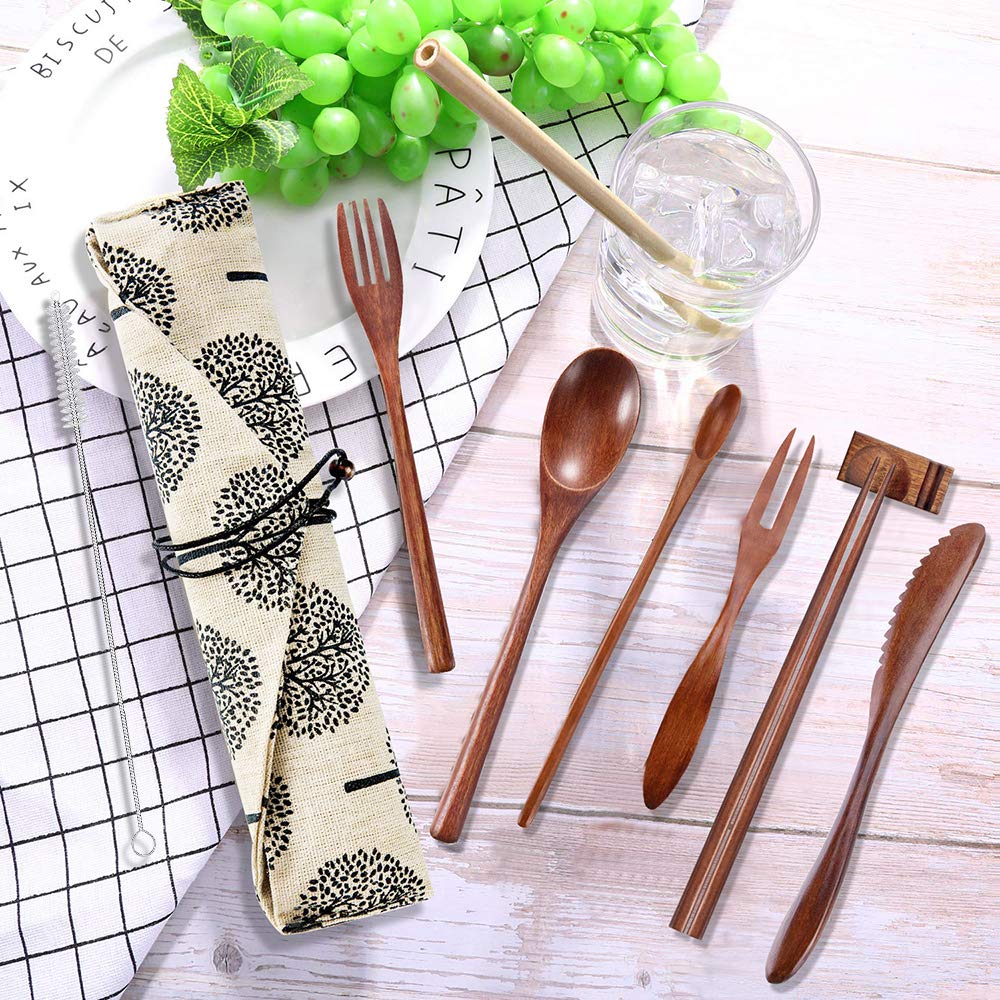 Japanese Wooden Travel Cutlery Set - 9pc Reusable Utensils with Case for Camping & Picnics