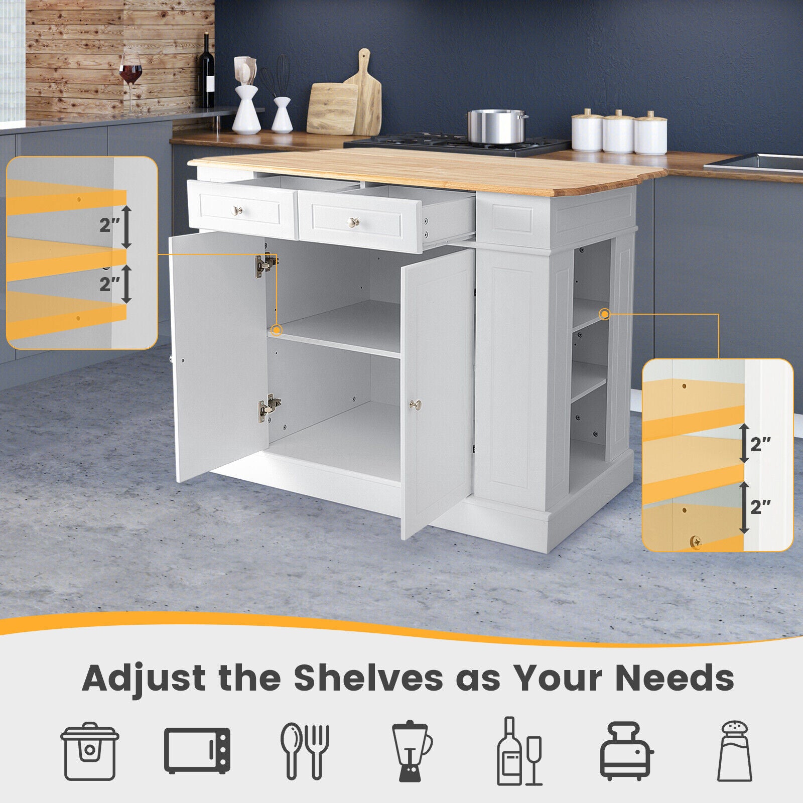 Costway Kitchen Island with Drop Leaf Countertop & 3 Adjustable Shelves - Mobile Kitchen Cart with Storage for Small Spaces - Perfect for Apartments, Cooking Prep & Extra Counter Space