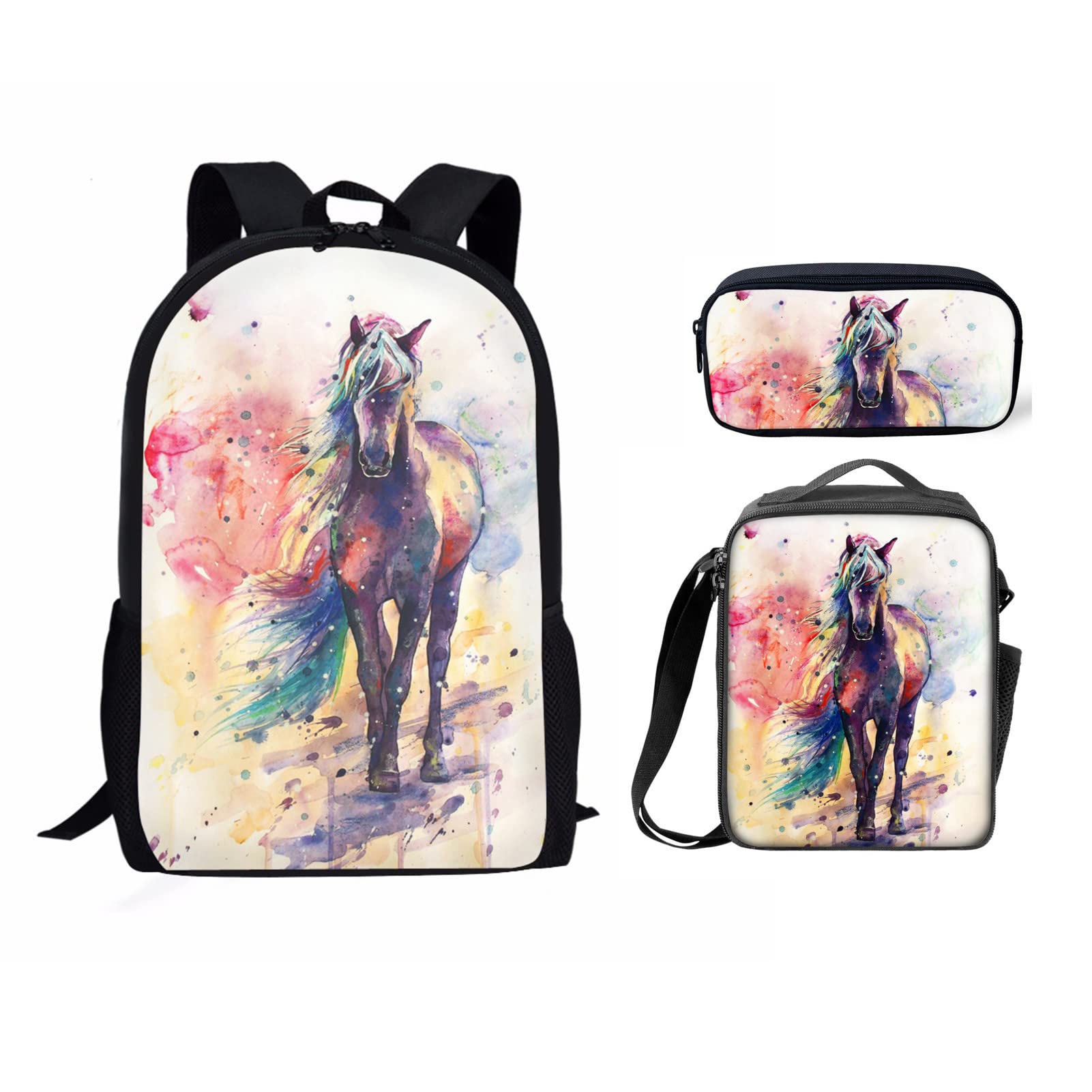 **Pensura Horse Print Backpack Set for Boys - Elementary & Middle School Book Bag with Insulated Lunch Box & Pencil Case (3-Pack) - Perfect for School, Travel & Outdoor Adventures**