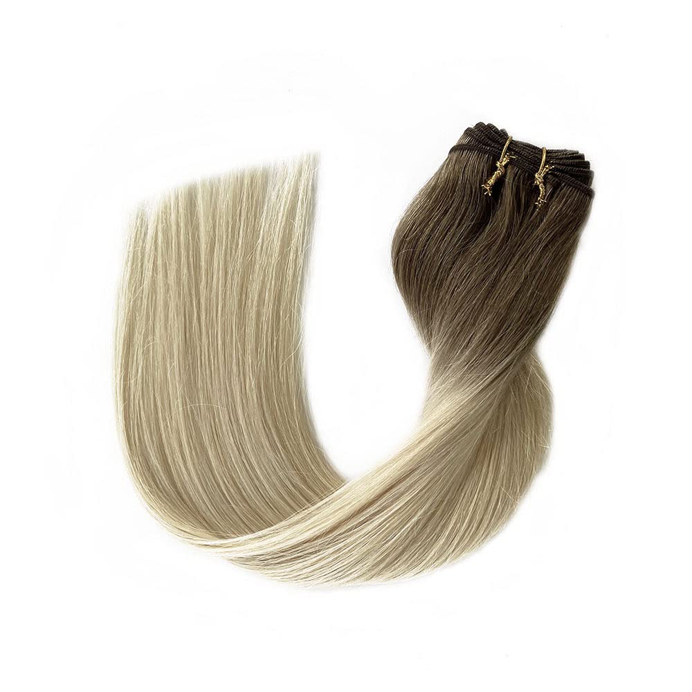 Ombre Sew in Hair Extensions 12inch 80g - Ash Brown to Platinum Blonde Highlights, 100% Real Human Remy Hair Weft Bundles for Natural Look | Perfect for Daily Wear, Parties & Special Occasions