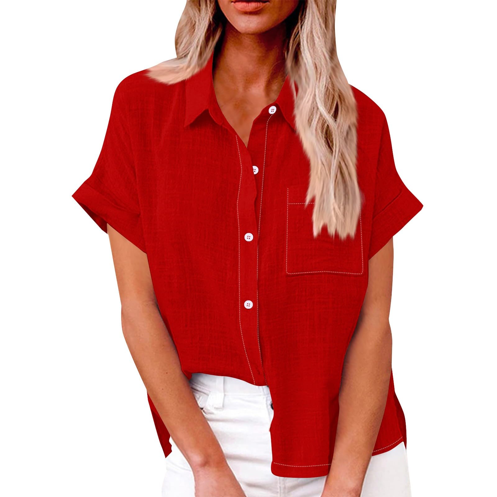 Women's Cotton Linen Short Sleeve Button Down Blouse - Casual Summer Tops with Lapel Collar | Perfect for Beach Outings, Office Wear & Weekend Brunch