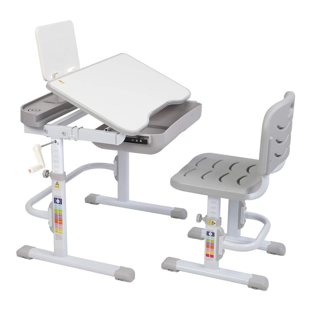 Adjustable Kids Study Desk and Chair Set - 80CM Height, Hand-Crank Lift, Tiltable Tabletop - Ergonomic Children's Learning Furniture (Grey) for Home Schooling & Remote Learning