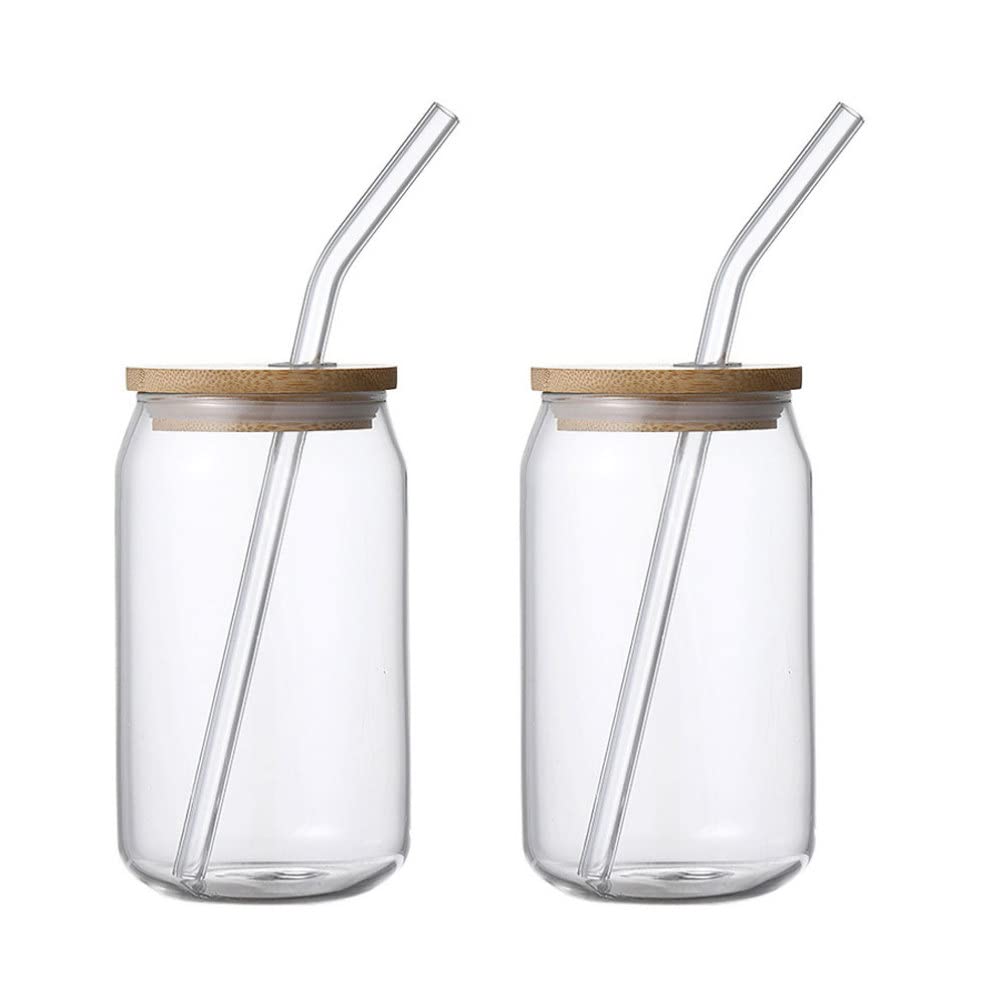 Yardwe 390ml Glass Iced Coffee Cups with Lids - 2 Pack Can Shaped Tumbler Glasses for Beer, Whiskey, Soda, Tea & Water - Perfect for Iced Coffee, Cocktails, and Outdoor Parties