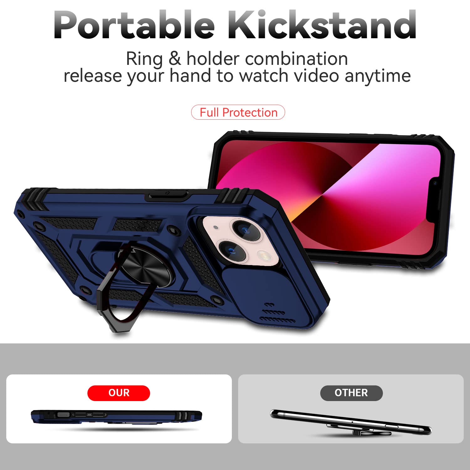 Hitaoyou iPhone 13 Case with Camera Cover & Kickstand - Military Grade Shockproof Heavy Duty Protective Magnetic Phone Cover for iPhone 13 (Blue) - Perfect for Outdoor Activities, Travel & Daily Protection