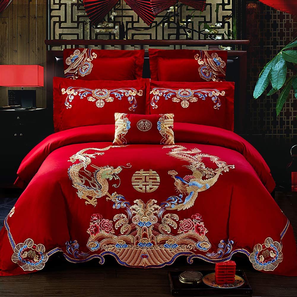 Luxury King Queen Size Red Jacquard Cotton Wedding Bedding Set - Duvet Cover, Pillowcases & Sheets - Super Soft Double Brushed Microfiber for Bedroom Decor | Perfect for Anniversary Gifts, Honeymoon Suite, and Master Bedroom Elegance