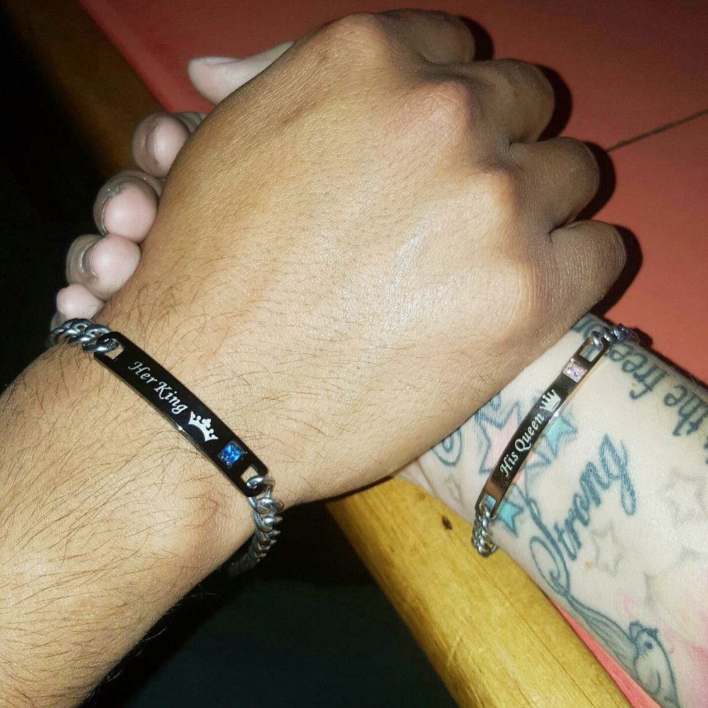 King Queen Couple Bracelets - Engraved Crown Stainless Steel Adjustable Bracelet Set in Rose Gold & Black for Him & Her - Romantic Gift for Wife, Husband, Anniversary, Valentine's Day