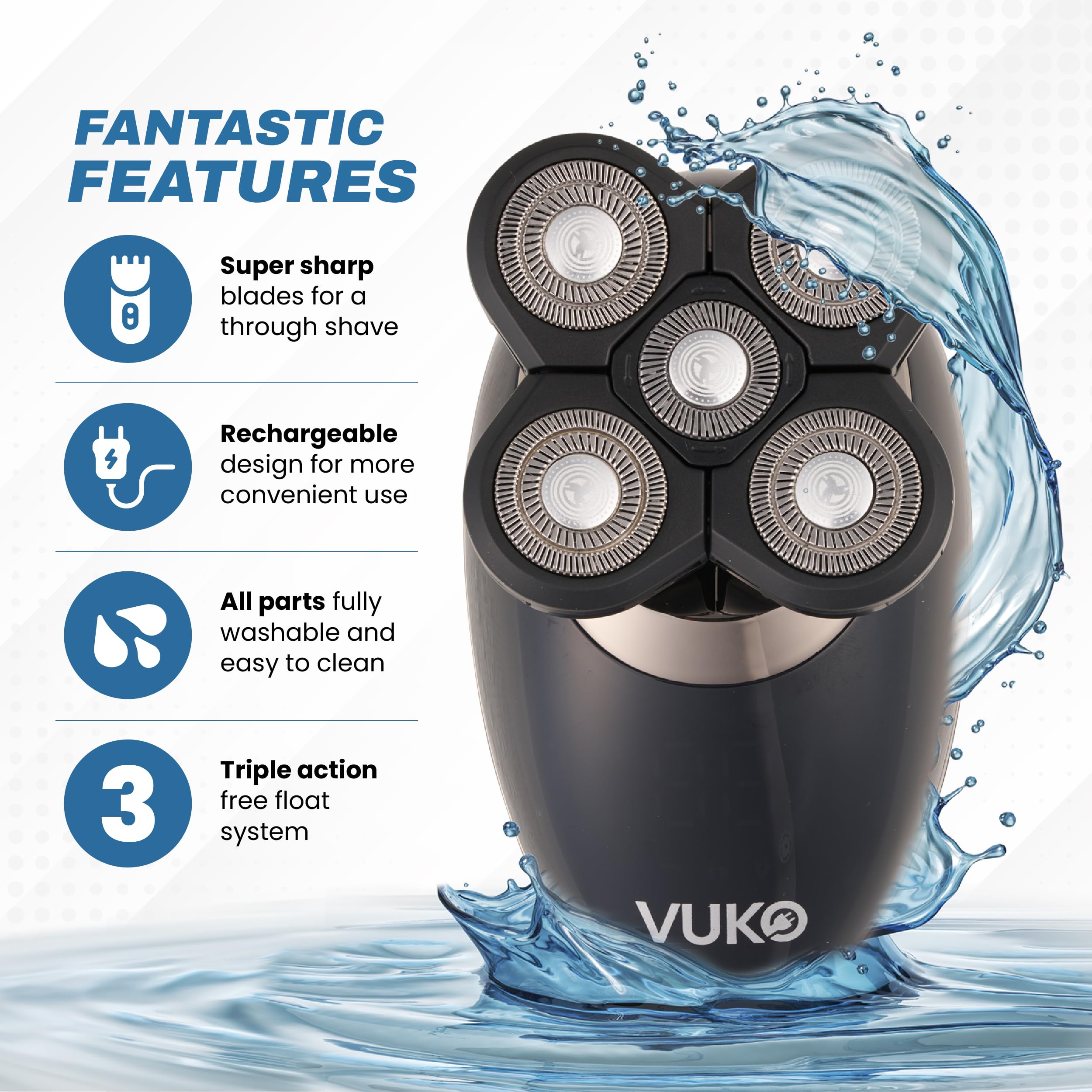 Electric Head Shaver for Men - Cordless Rechargeable Wet/Dry Waterproof Razor with Rotary Blades, Nose Trimmer & Massager | Bald Head Shaving & Grooming Kit for Home & Travel (Black)