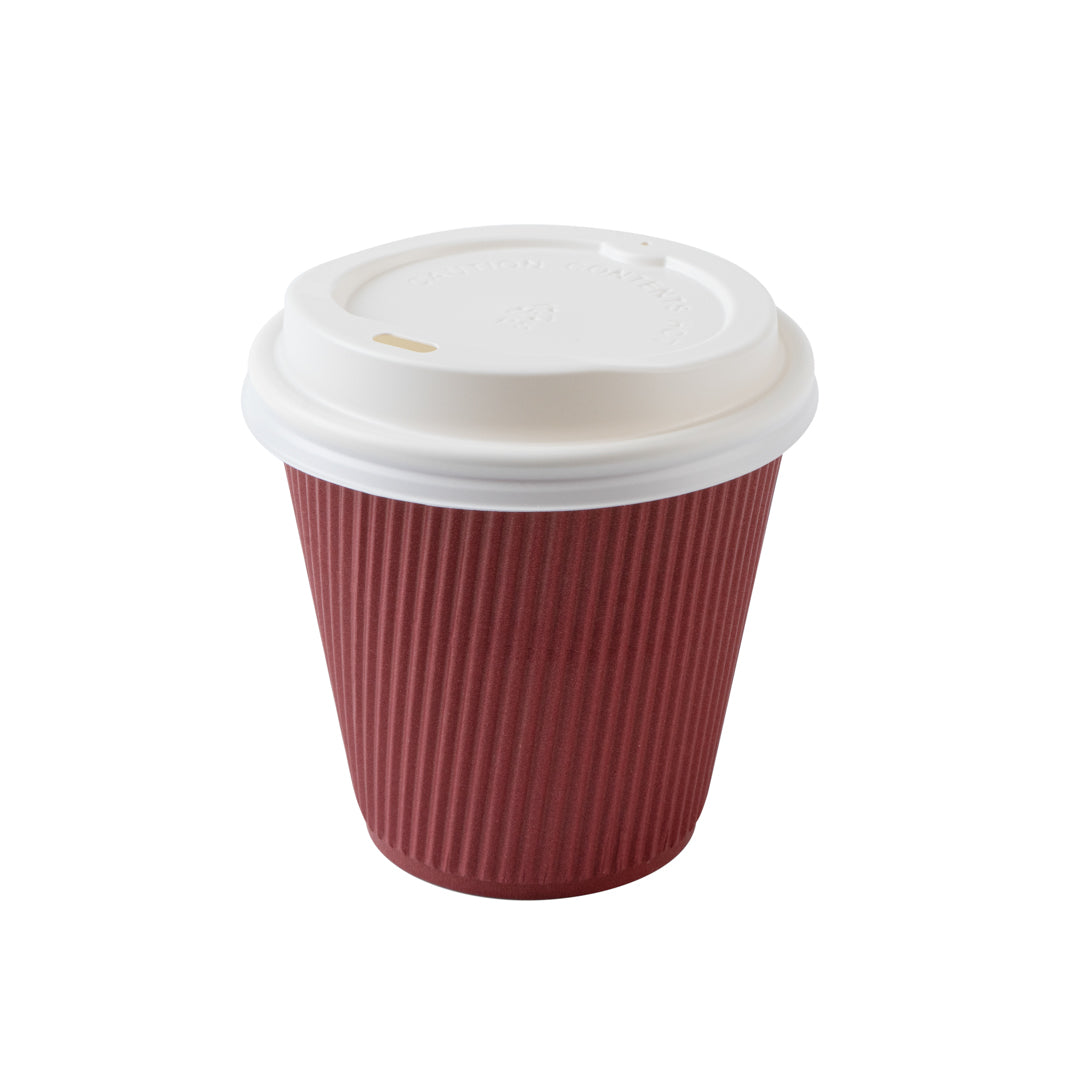 8 oz Crimson Red Ripple Wall Paper Coffee Cups with White Lids - 20 Count Box (3.5