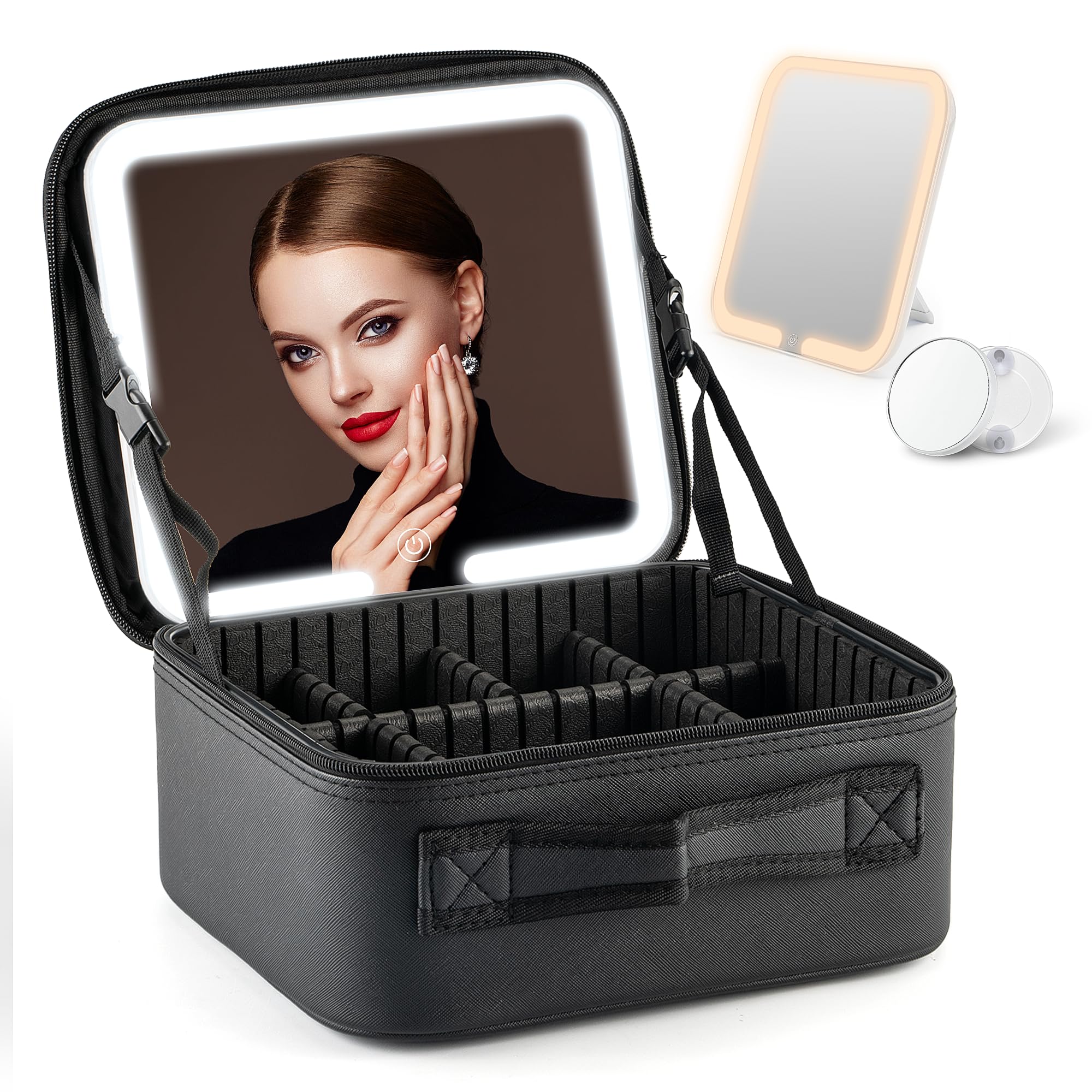 LED Makeup Bag with Mirror - 3 Adjustable Lights & Dividers for Travel & Home