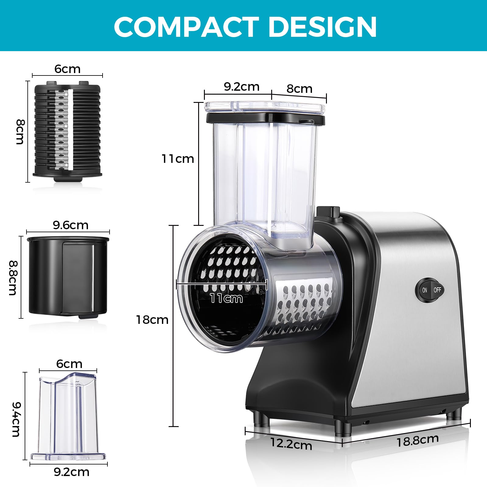 250W Electric Cheese Grater & Food Slicer - 5 Blades for Shredding, Slicing & Grating | One-Touch Control for Cheese, Fruits & Vegetables | Perfect for Home Kitchen, Meal Prep & Salad Making