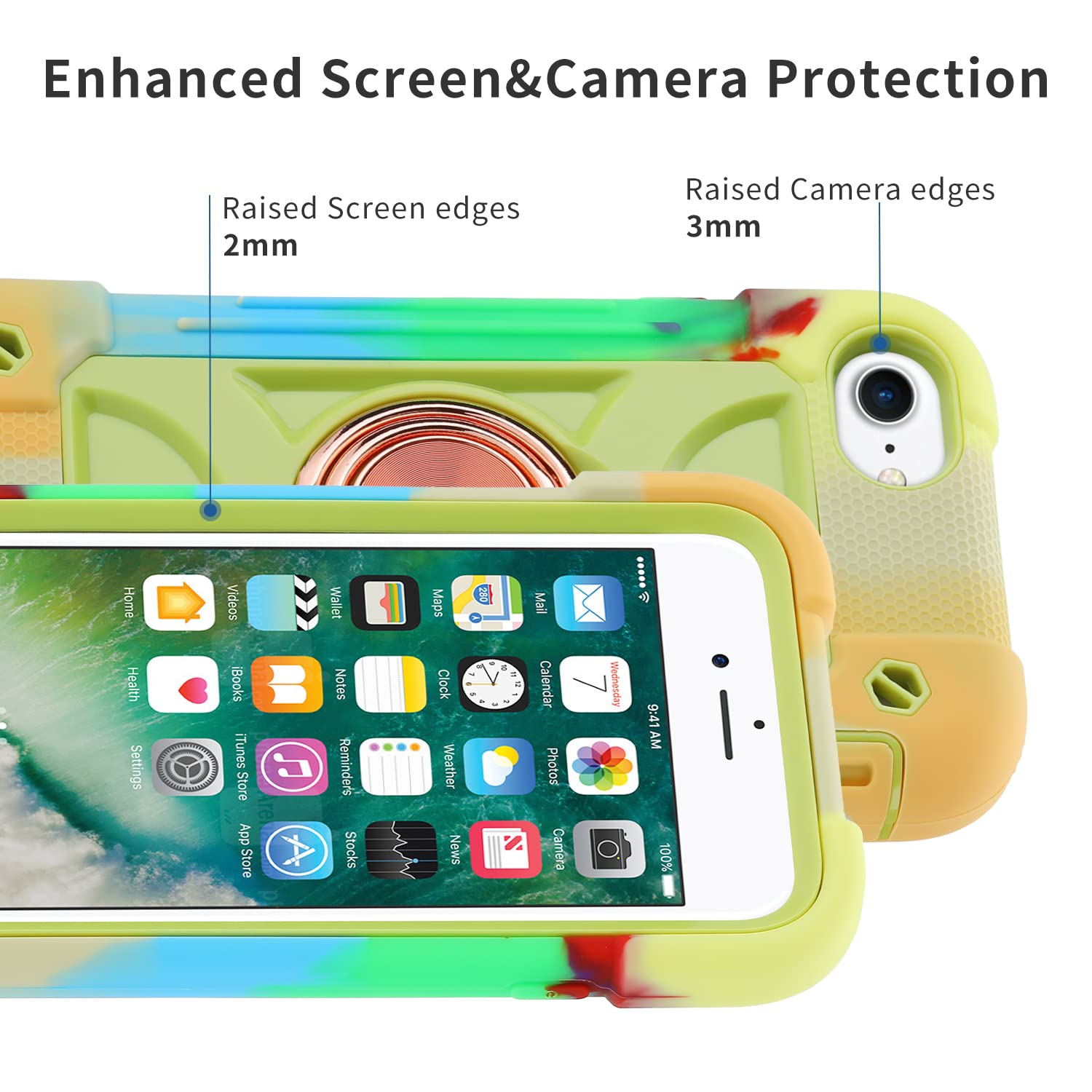 MARKILL Military Grade Shockproof iPhone SE 3/SE 2/6/6S/7/8 Case 4.7 Inch with Ring Stand - Heavy Duty Protection in Rainbow Green | Perfect for Outdoor Activities, Travel & Daily Use