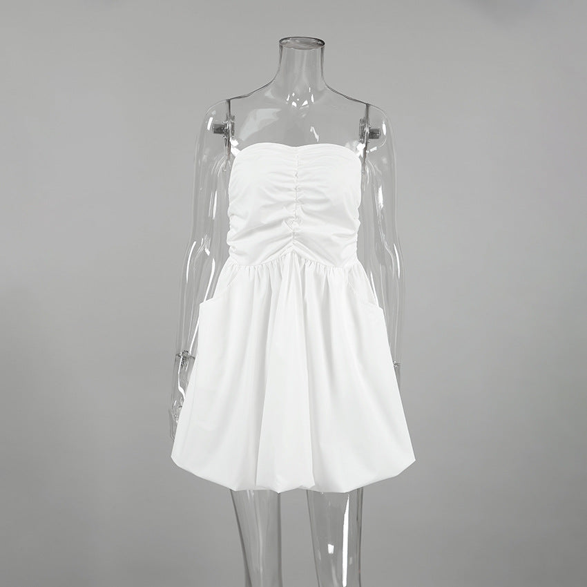 2025 Russian Fashion Sexy Solid Color Tube Top Strapless Dress & Short Skirt Set - Women's Summer Casual Tutu Dress for Club, Beach, Party & Date Night