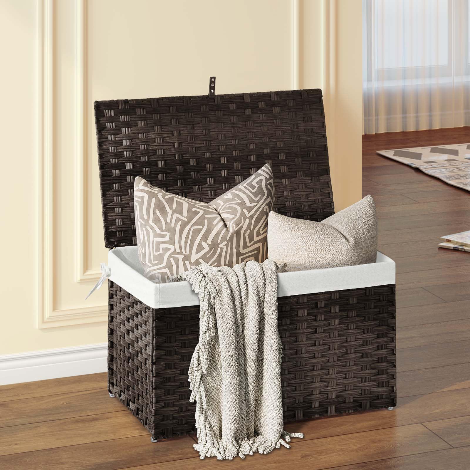 GREENSTELL 105L Large Wicker Storage Basket with Lid - Handwoven Blanket Organizer with Removable Cotton Liner & Metal Frame | Foldable for Bedroom, Laundry Room, Closet Organization | Brown Rattan Basket for Home Decor & Storage Solutions