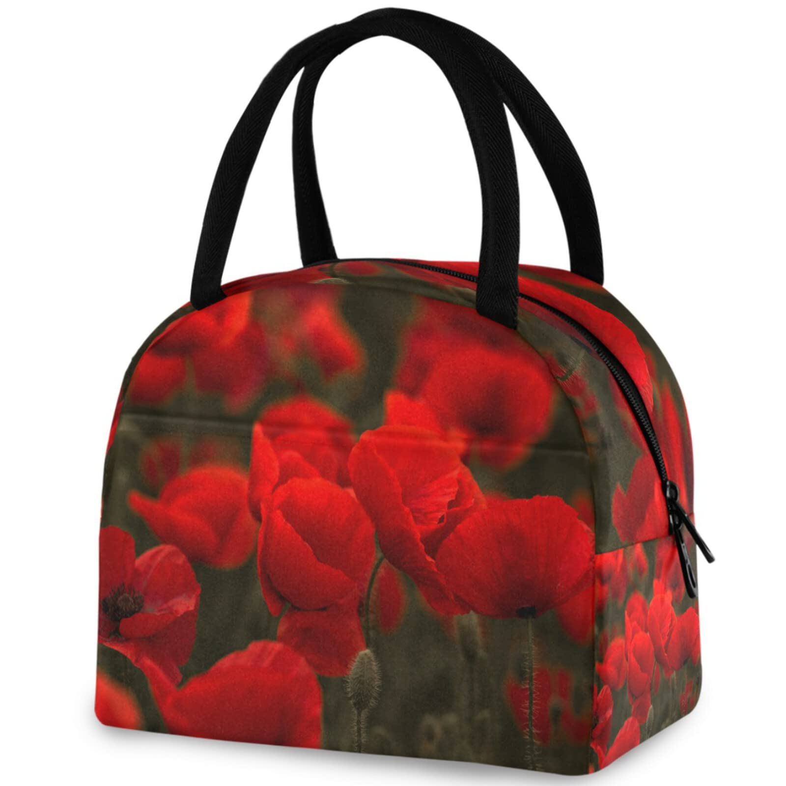 Reusable Insulated Lunch Tote Bag - Red Poppy Field Design | Thermal Cooler Container for School, Work, Picnic, Travel, Fishing & Beach