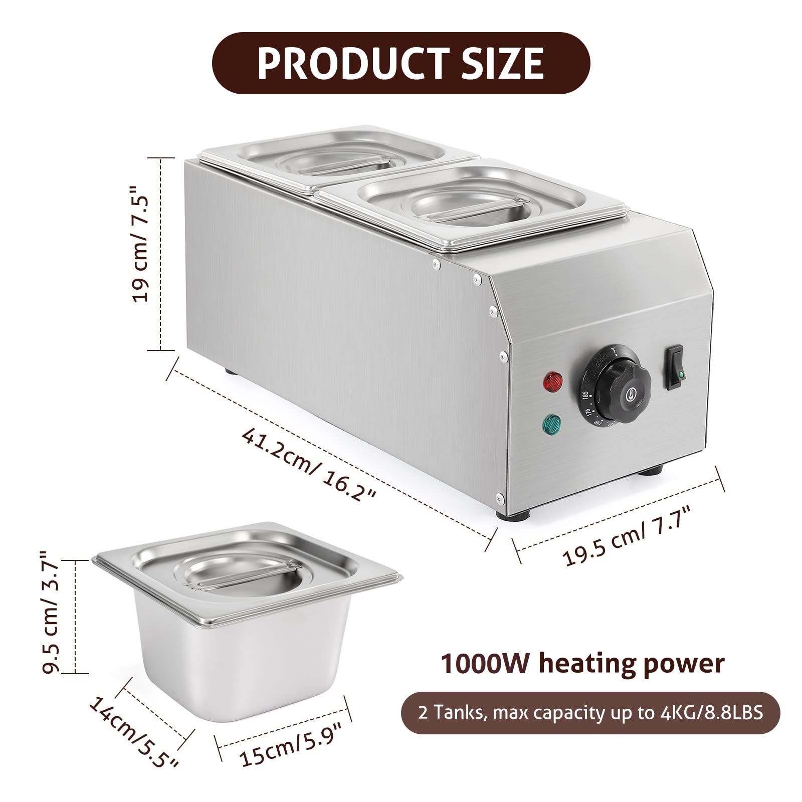 Commercial Chocolate Melting Pot - 2 Tanks 9lbs Stainless Steel Chocolate Tempering Machine for Home, Bakery & Candy Making - Perfect for Melting, Dipping & Molding Chocolate Treats